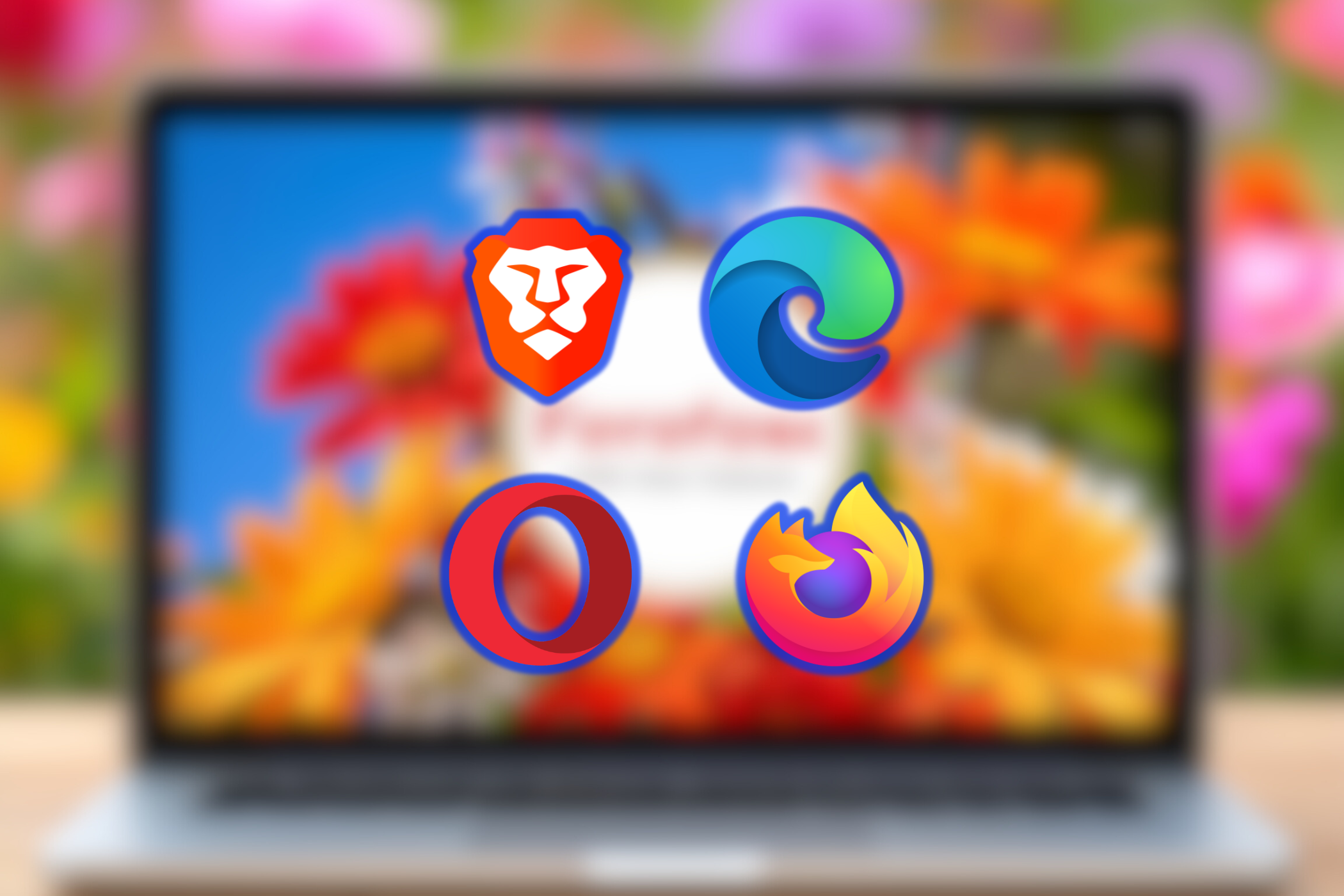 یک لپ تاپ MacBook در پس زمینه با نمادهای مرورگرهای شجاع ، لبه ، اپرا و Firefox که در بالا قرار گرفته اند