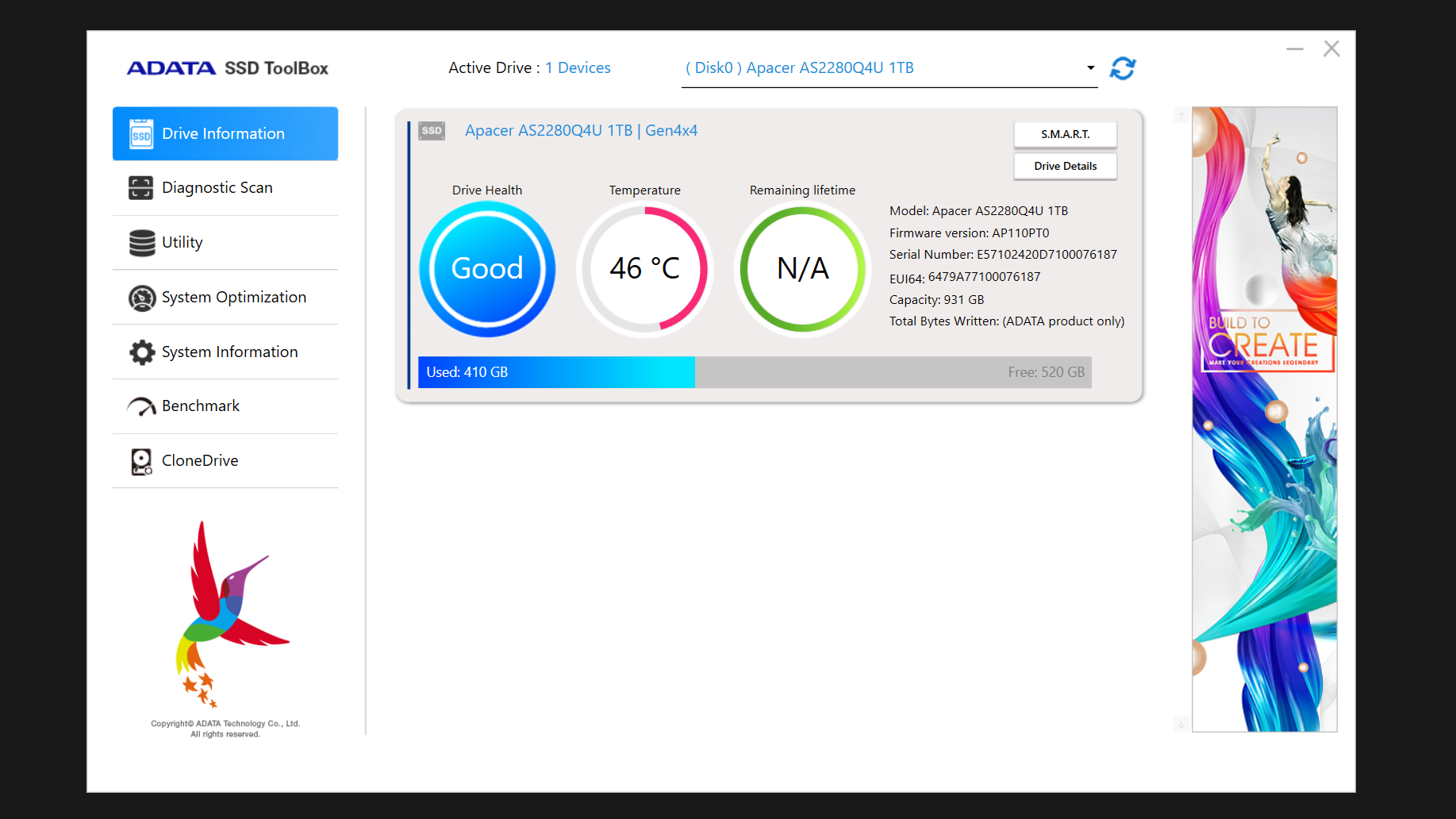 جعبه ابزار Adata SSD که NVME SSD Health را نشان می دهد