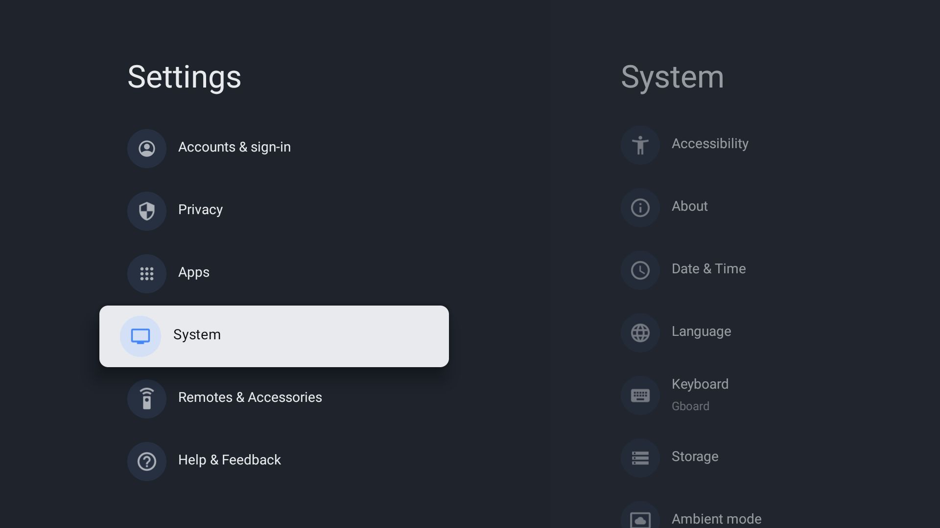 تنظیمات سیستم در Google TV