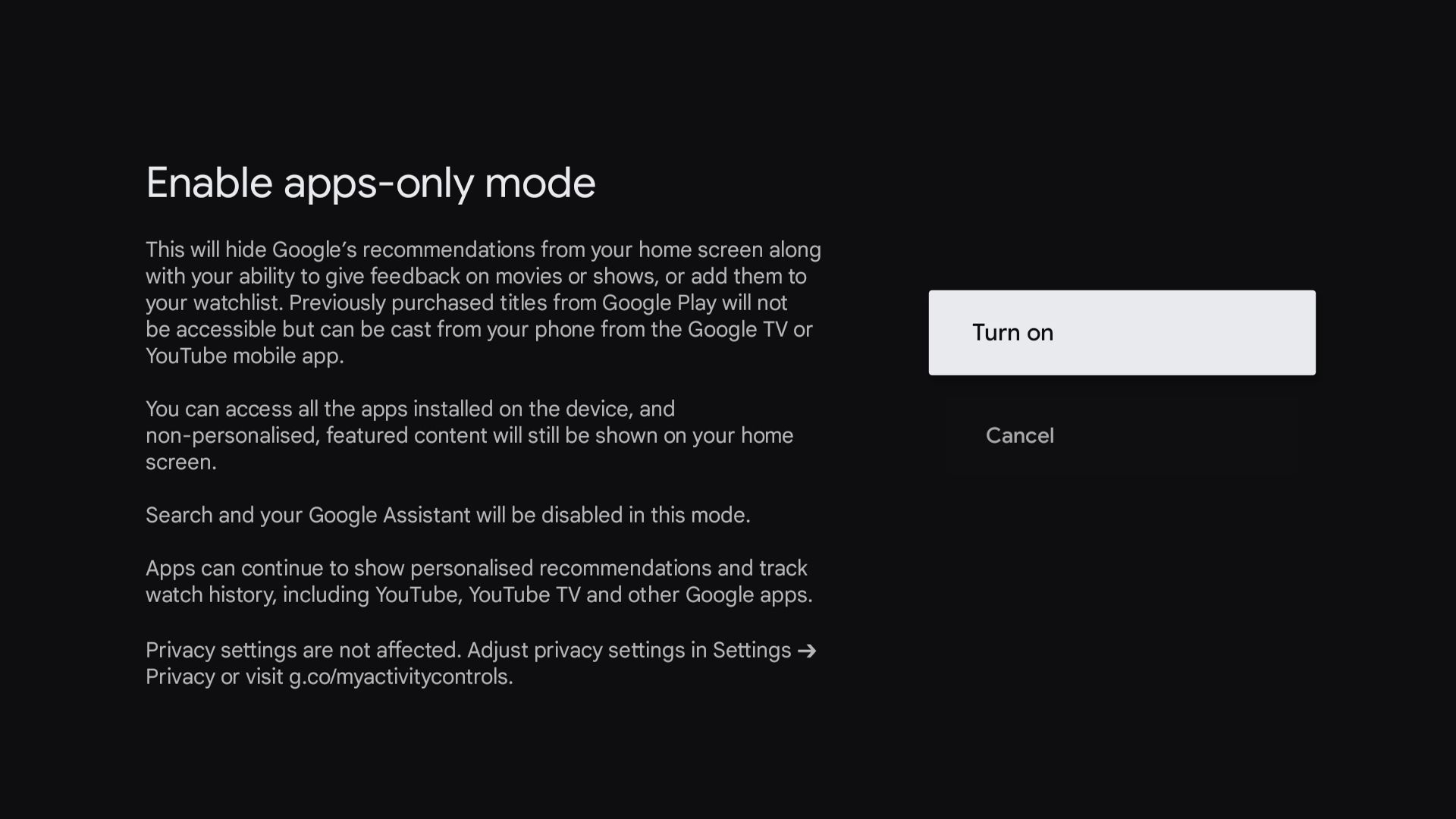 تنظیم حالت فقط برنامه در Google TV