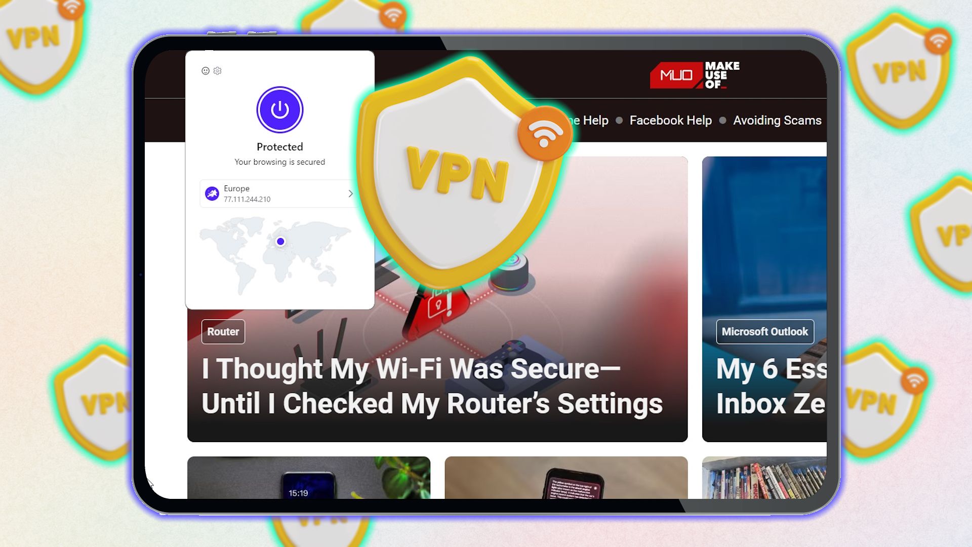 مرورگر VPN در صفحه تبلت با پس زمینه وب سایت.