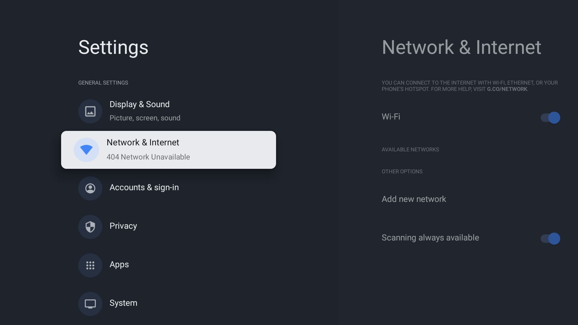 تنظیمات اینترنتی در Google TV