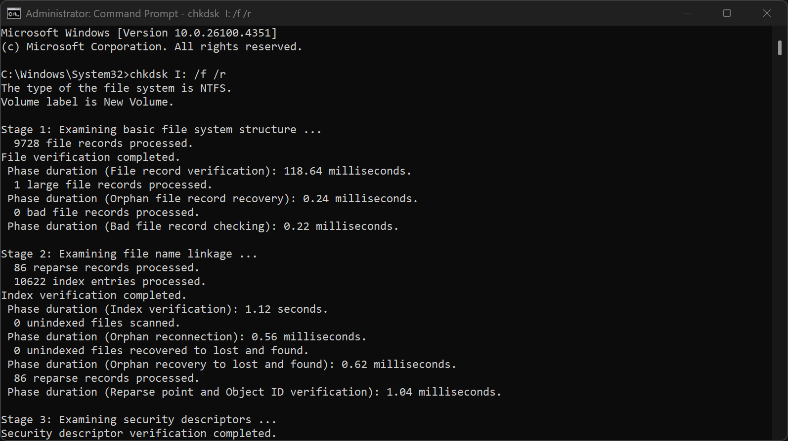 دستور CHKDSK در فرمان سریع برای برچسب حجم I.