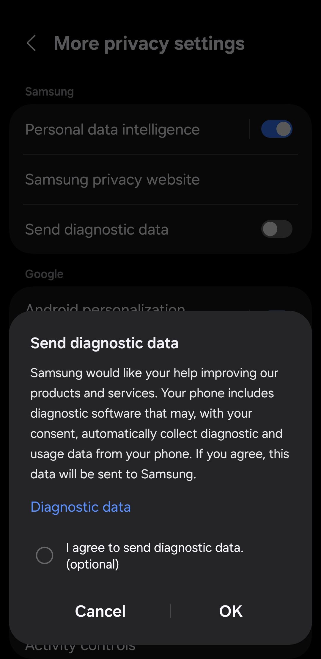 منوی جمع آوری داده های تشخیصی در تلفن Android