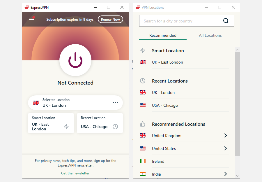 منوی اصلی ExpressVPN و لیست مکان سرور