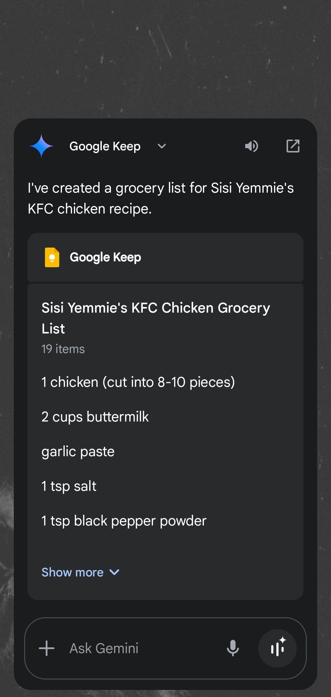 نمایشگاه های مواد غذایی را در Google Keep نشان می دهد