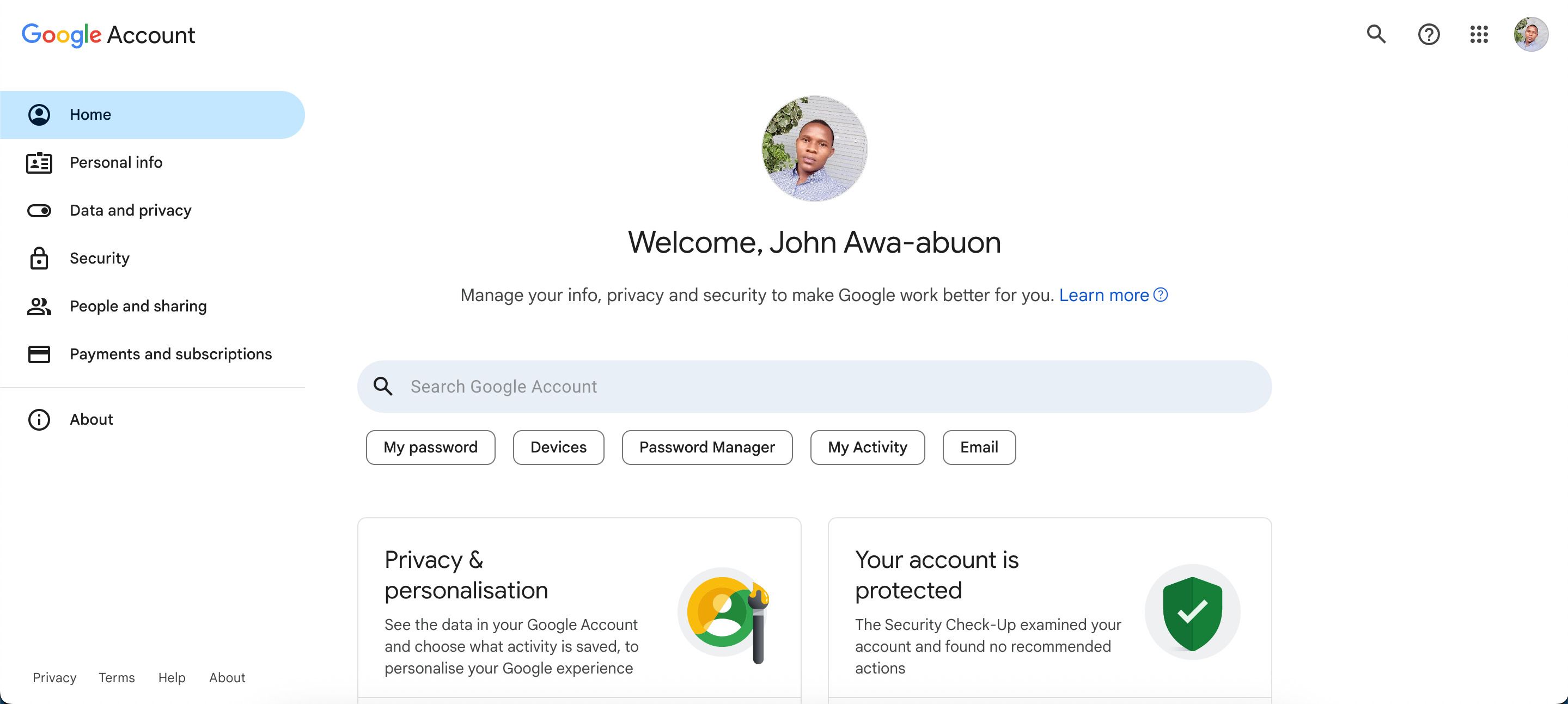 تصویر صفحه حساب Google