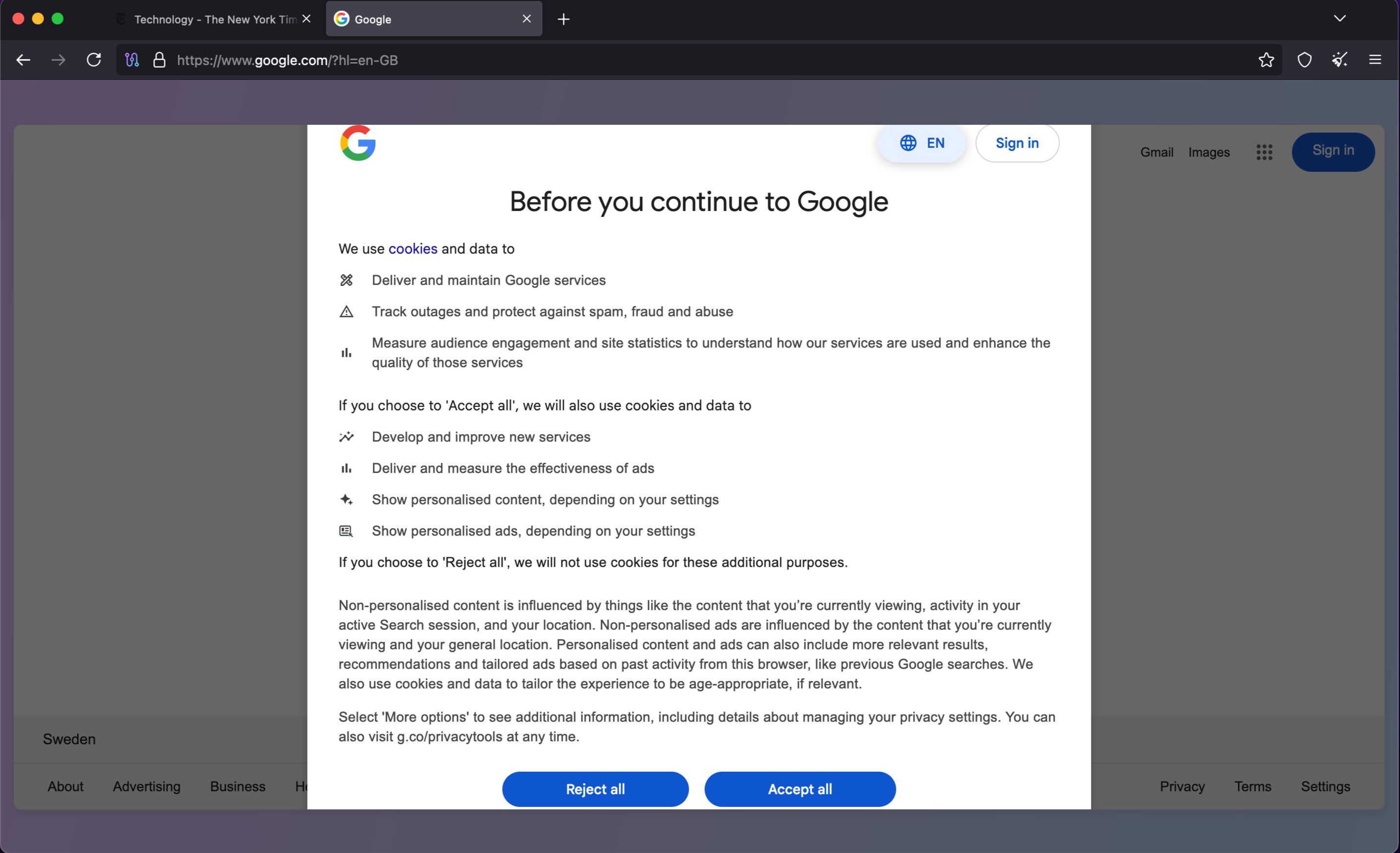 بنر رضایت کوکی Google در TOR