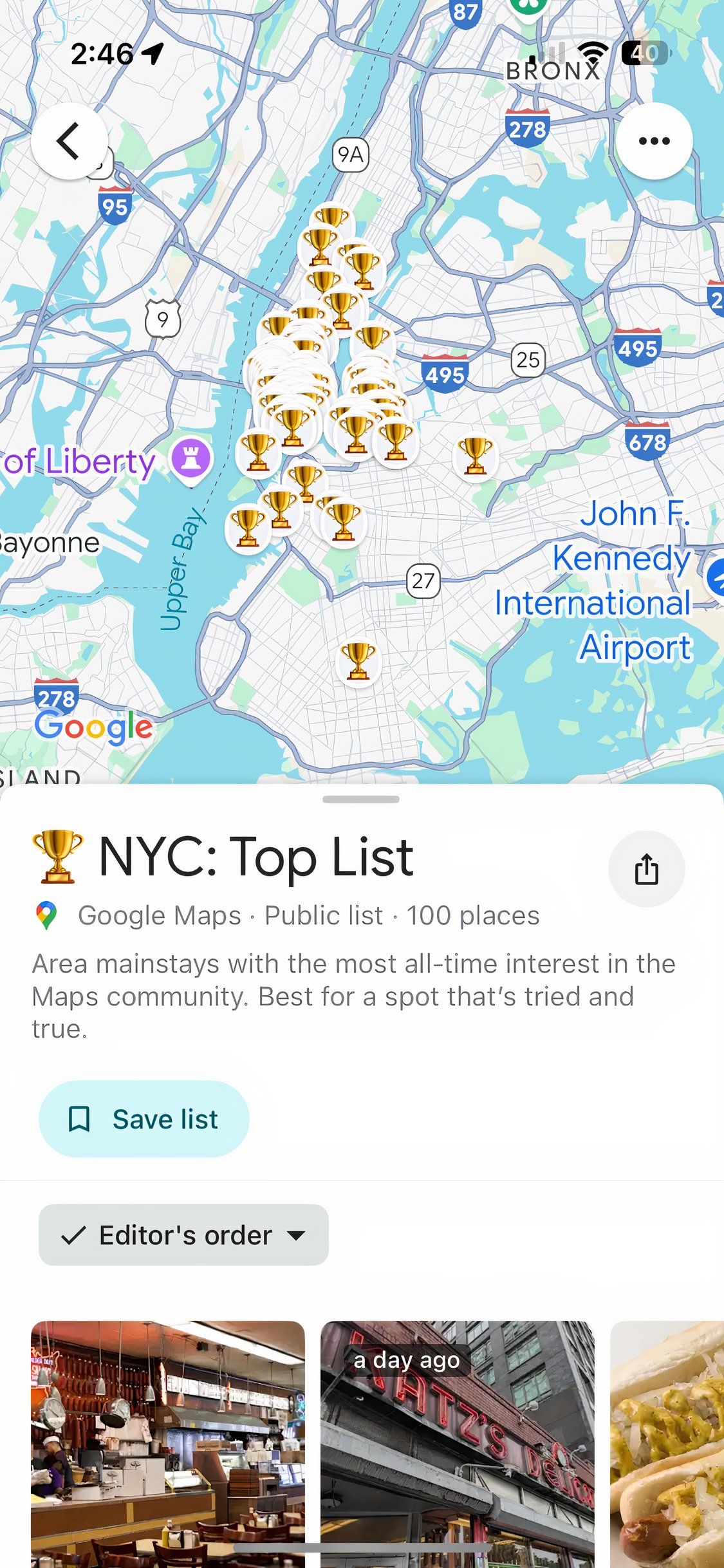 Google Maps NYC نمونه لیست برتر