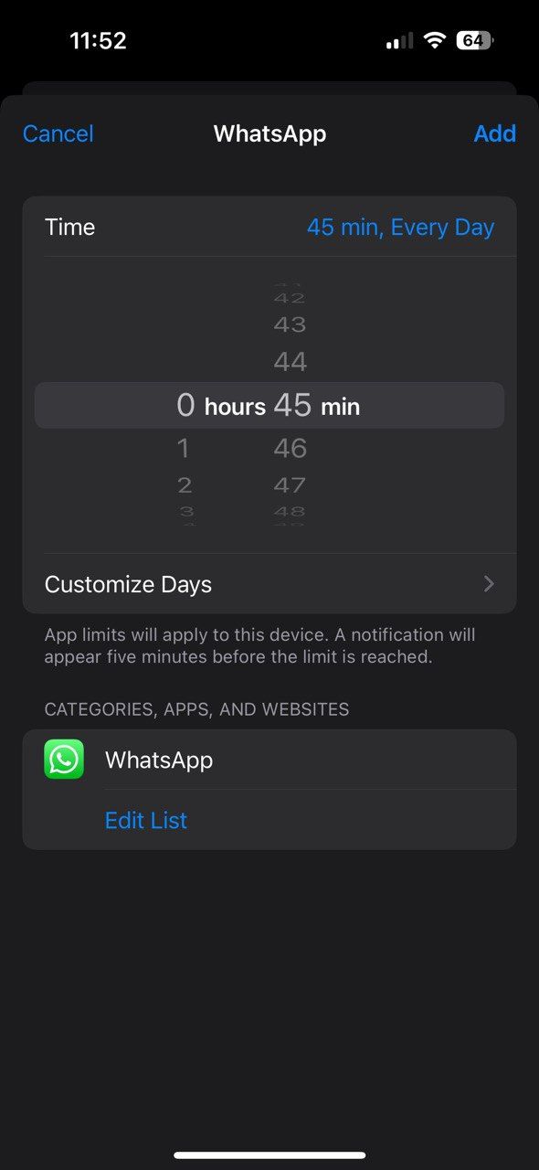 تنظیم محدودیت زمانی صفحه نمایش آیفون برای WhatsApp