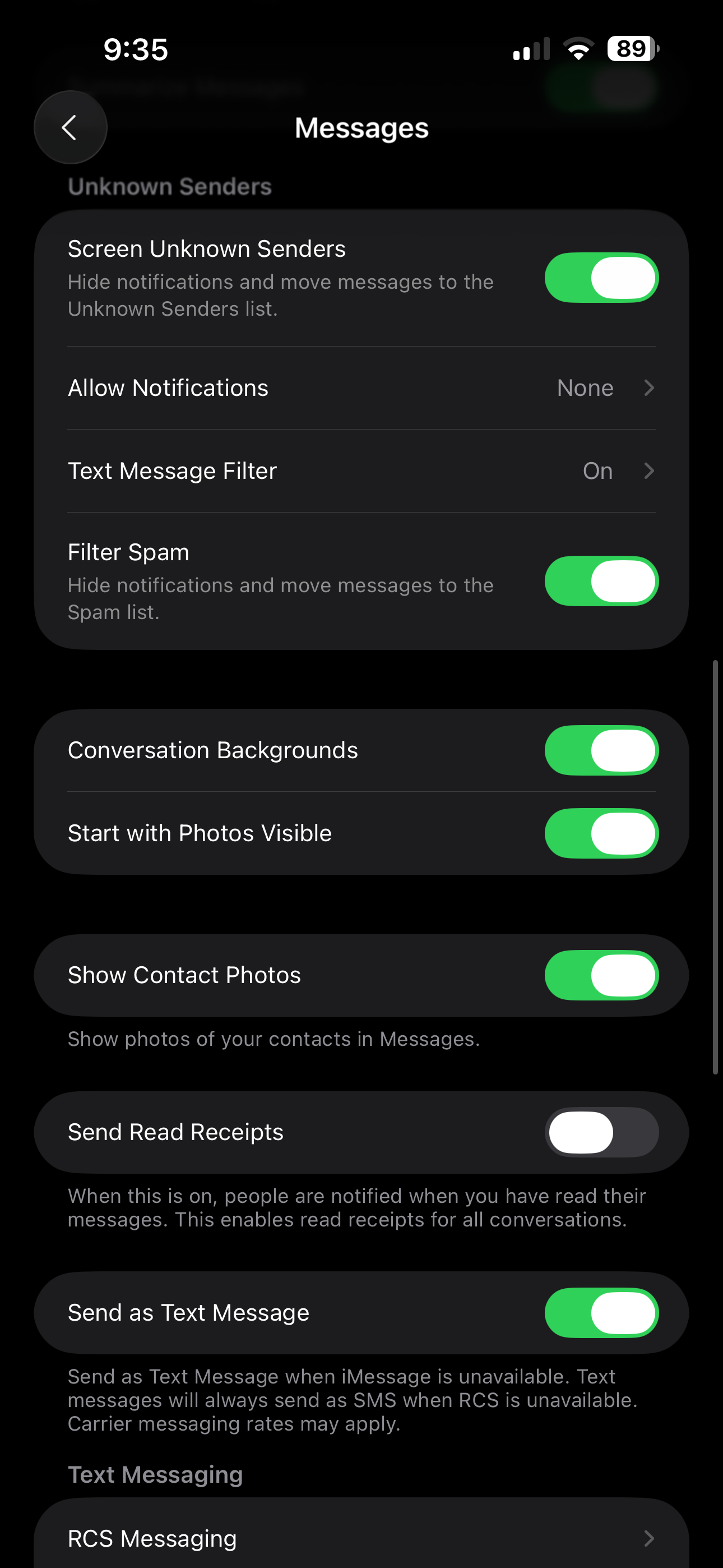 تنظیمات پیام هایی که کنترل های هرزنامه را در iOS 26 نشان می دهد