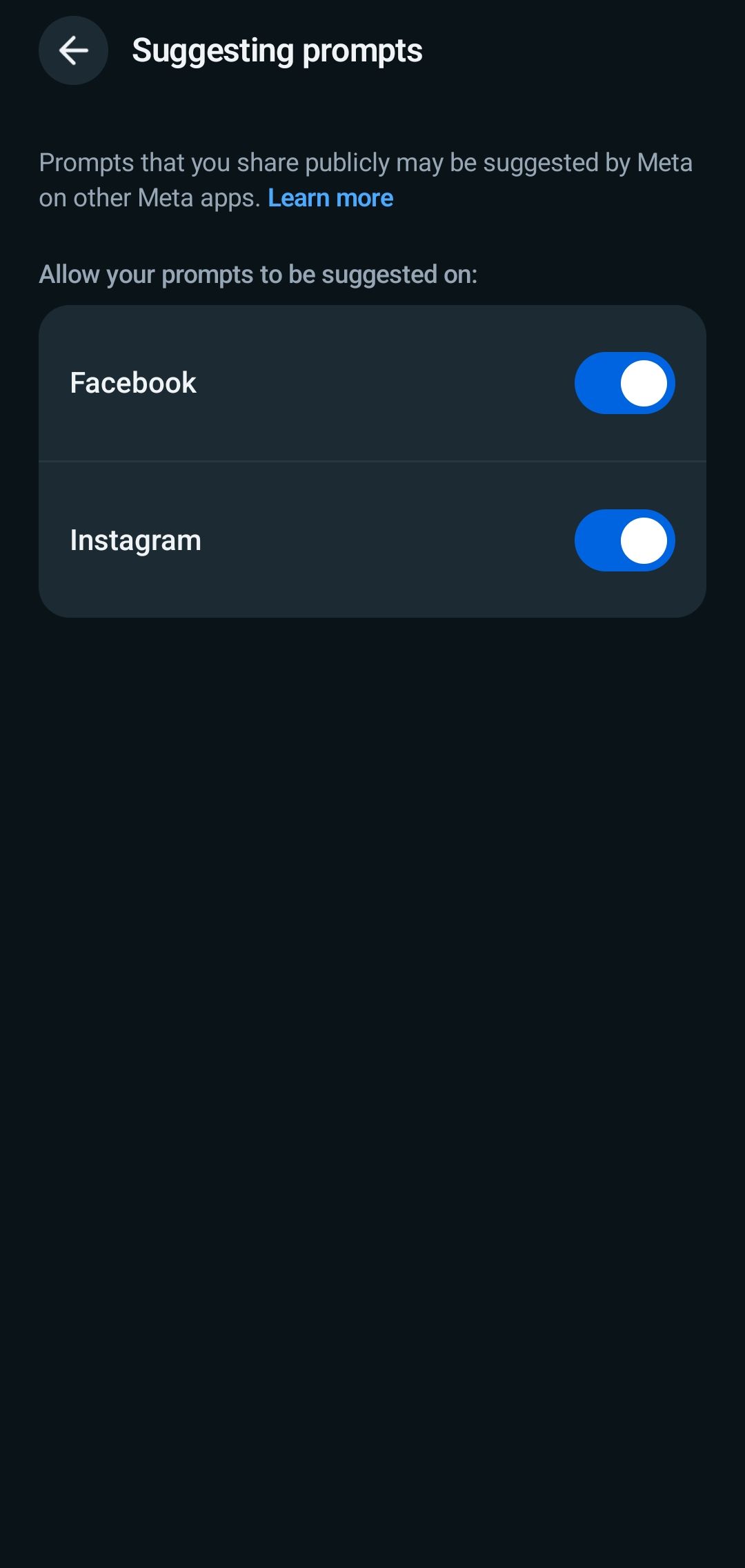 صفحه تنظیمات پیشنهادی متا AI