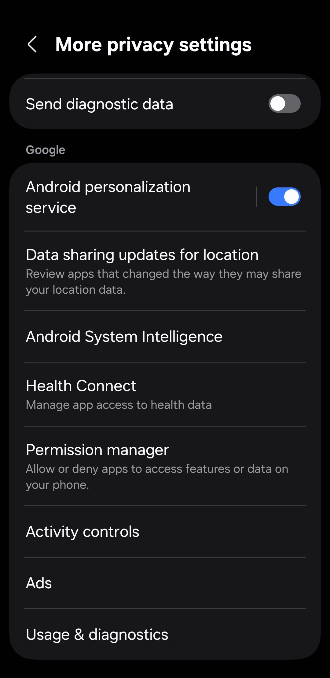 منوی تنظیمات حریم خصوصی در تلفن Android