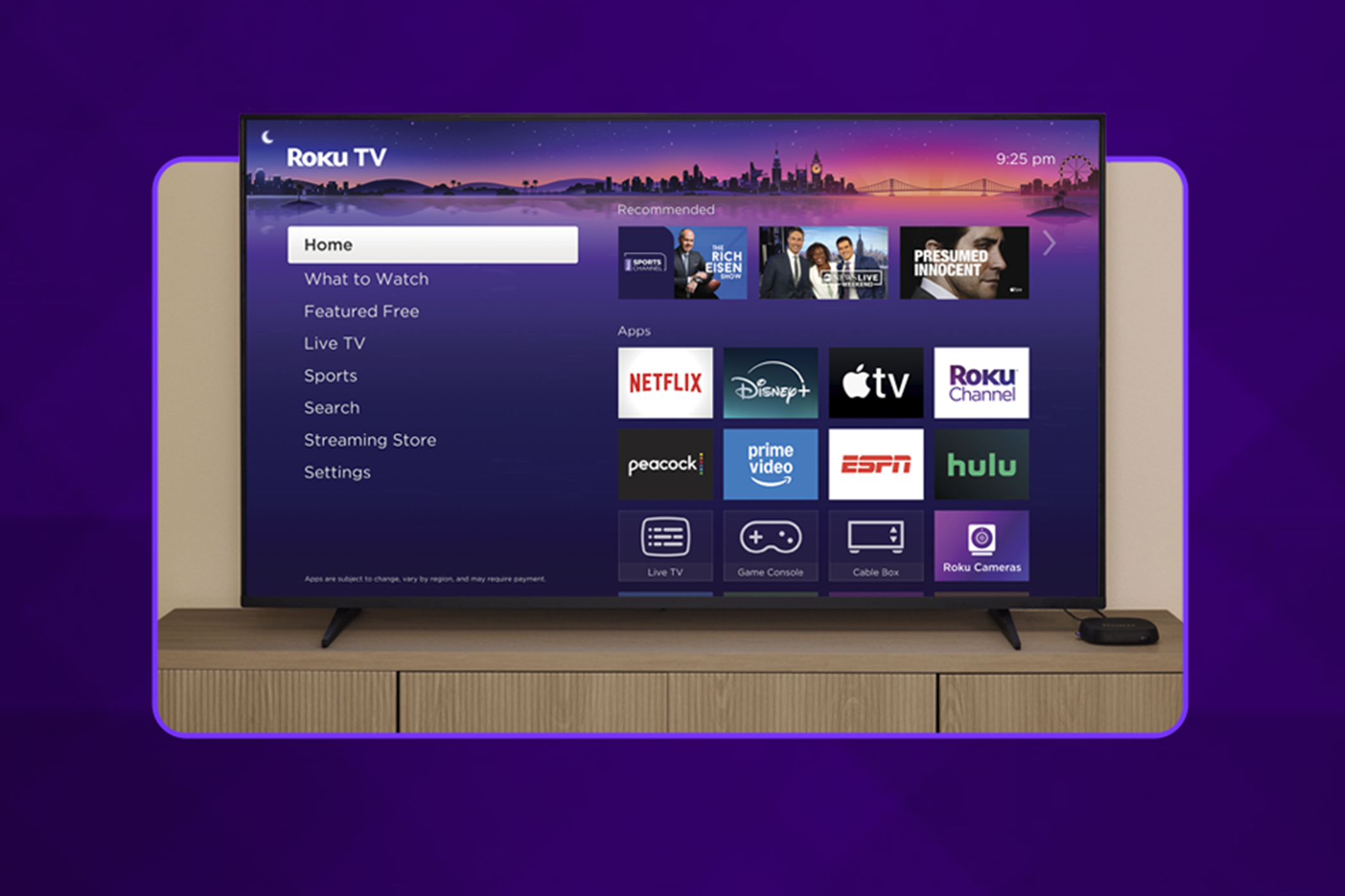 مستطیل بنفش حاوی یک صفحه اصلی Rokutv به روز شده