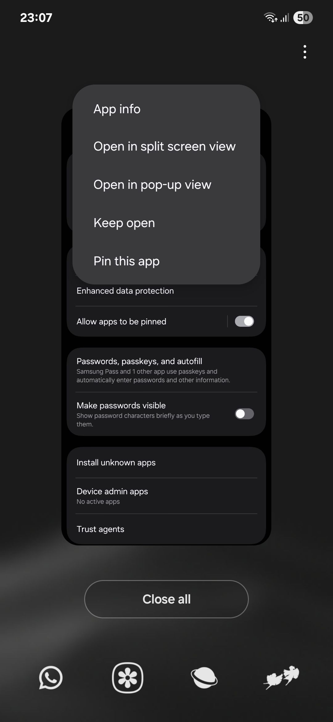 پین کردن صفحه برنامه Samsung Recents