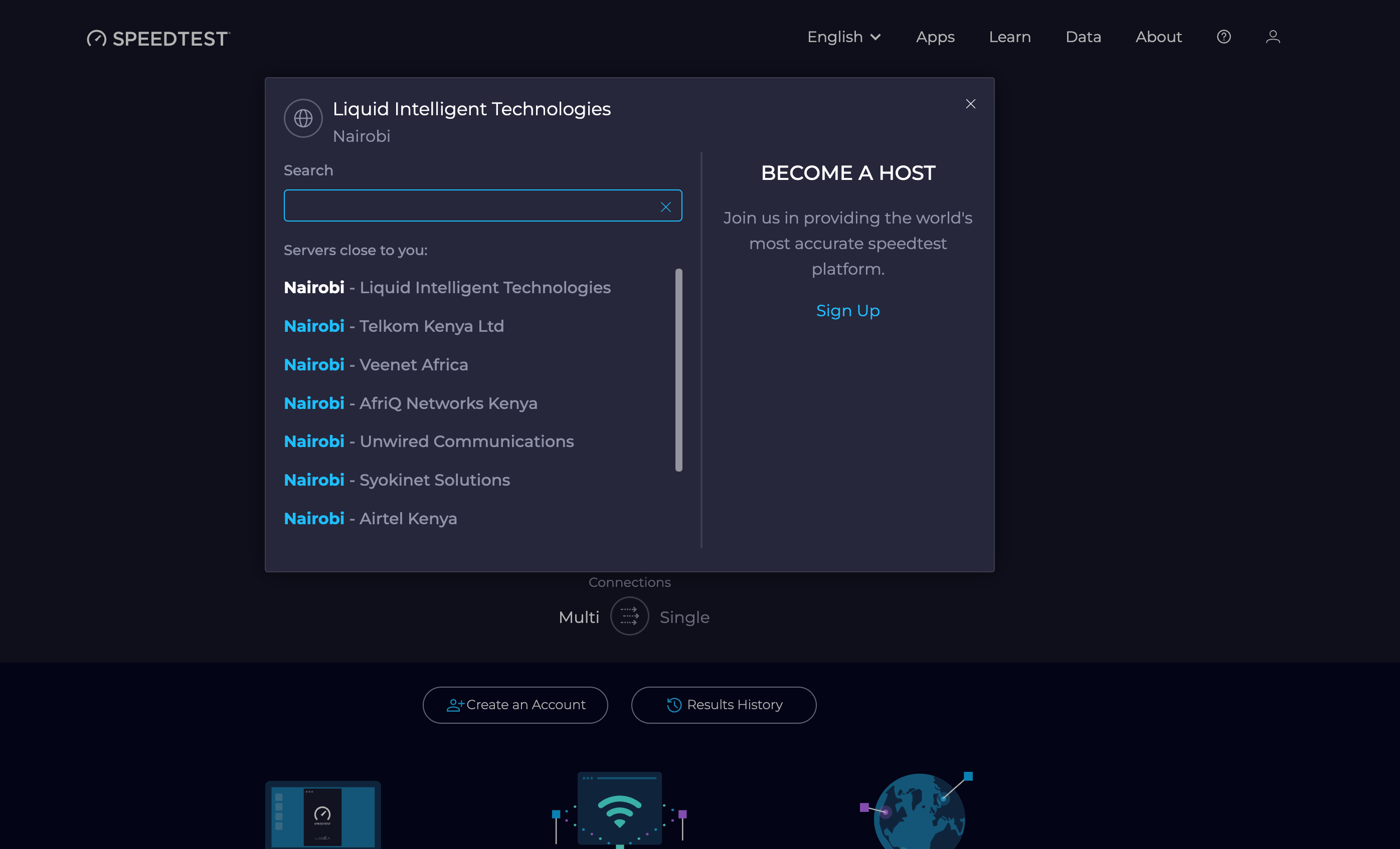 انتخاب سرور تست در Ookla Speedtest