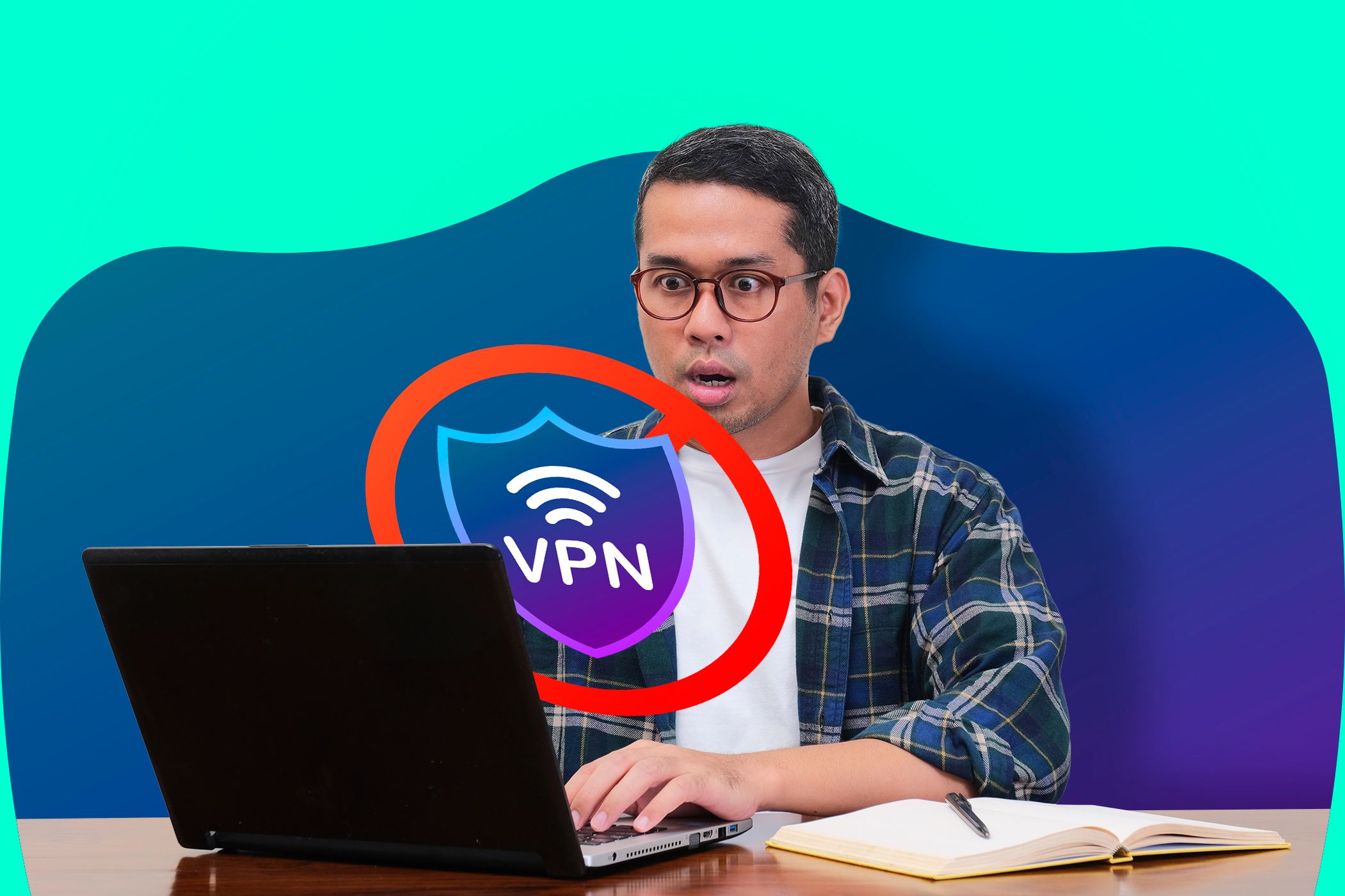 مرد کاربر لپ تاپ شگفت زده شده در صفحه نمایش خود به VPN نگاه می کند