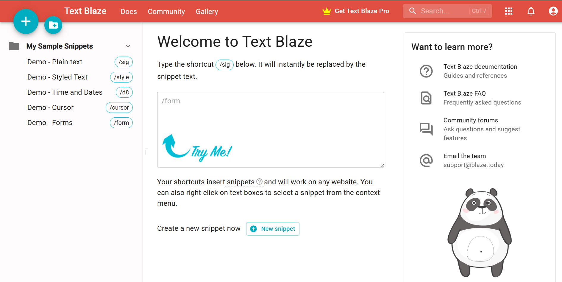 داشبورد Blaze Text