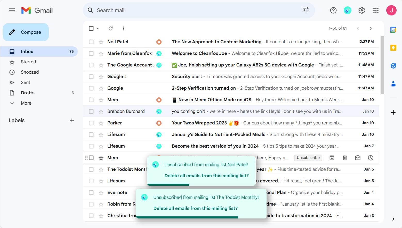 Trimbox را در صندوق ورودی Gmail ثبت نام و حذف کنید