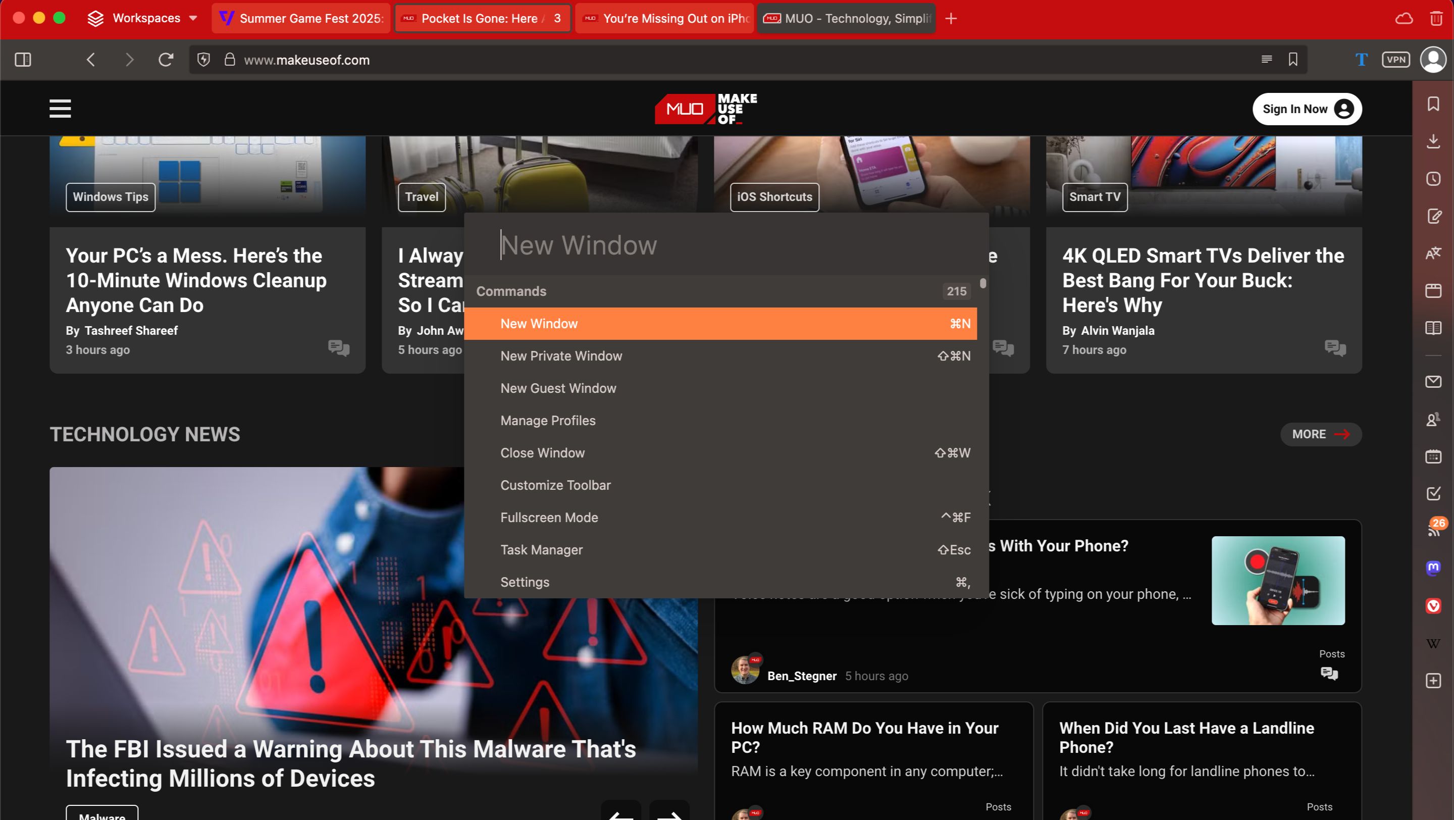 مشاهده صفحه اصلی MakeUseof.com در Vivaldi با ویژگی Quick Commands Open