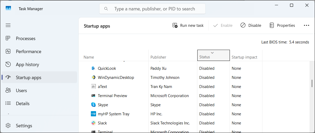 لیست برنامه های راه اندازی Windows 11 Task Manager