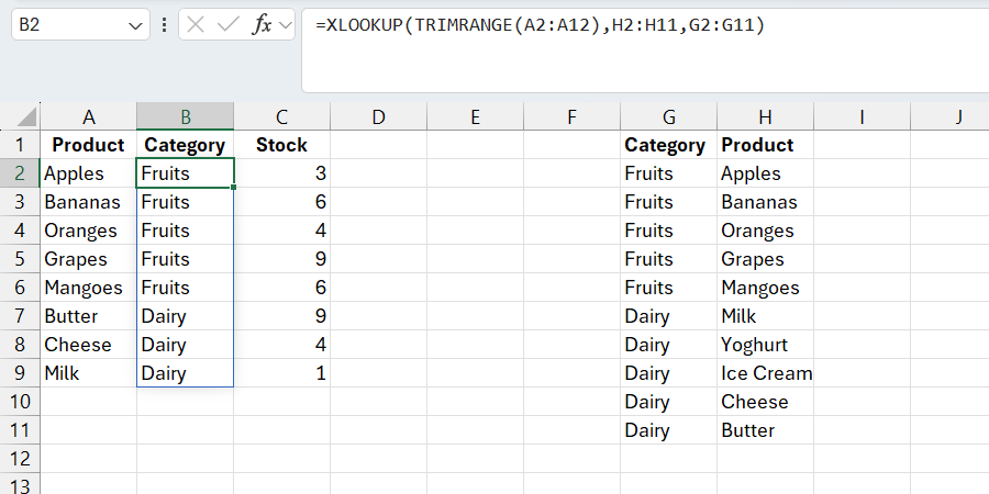 عملکرد XLOOKUP با خطاهای حذف شده با استفاده از عملکرد Trimrange.