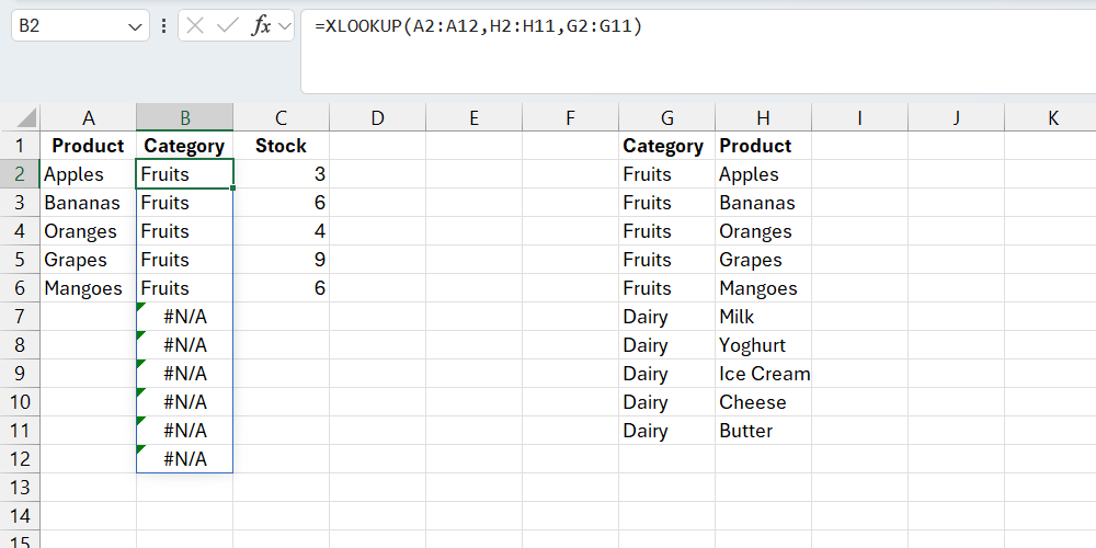 عملکرد XLOOKUP با خطا.