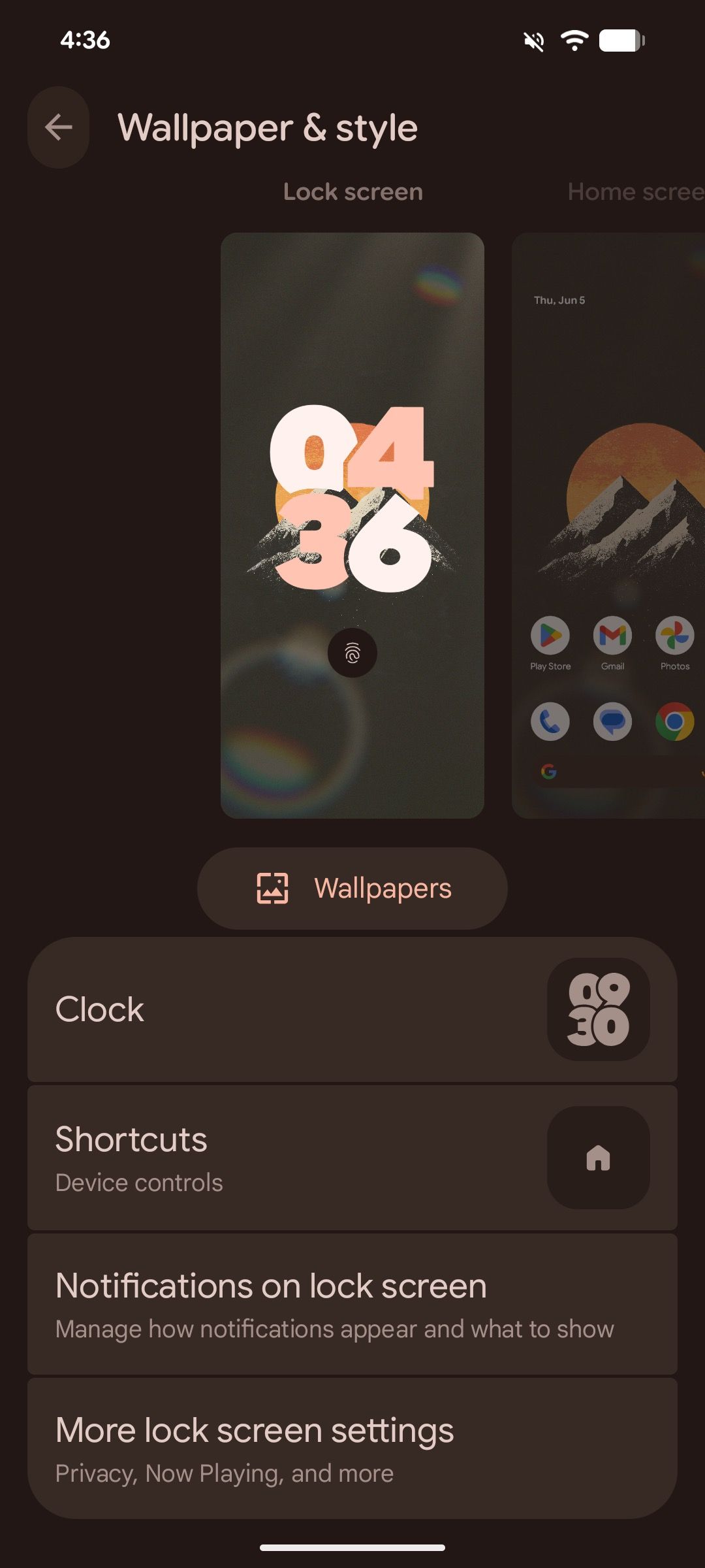صفحه تصویر زمینه و سبک در پیکسل در حال اجرا Android 16.