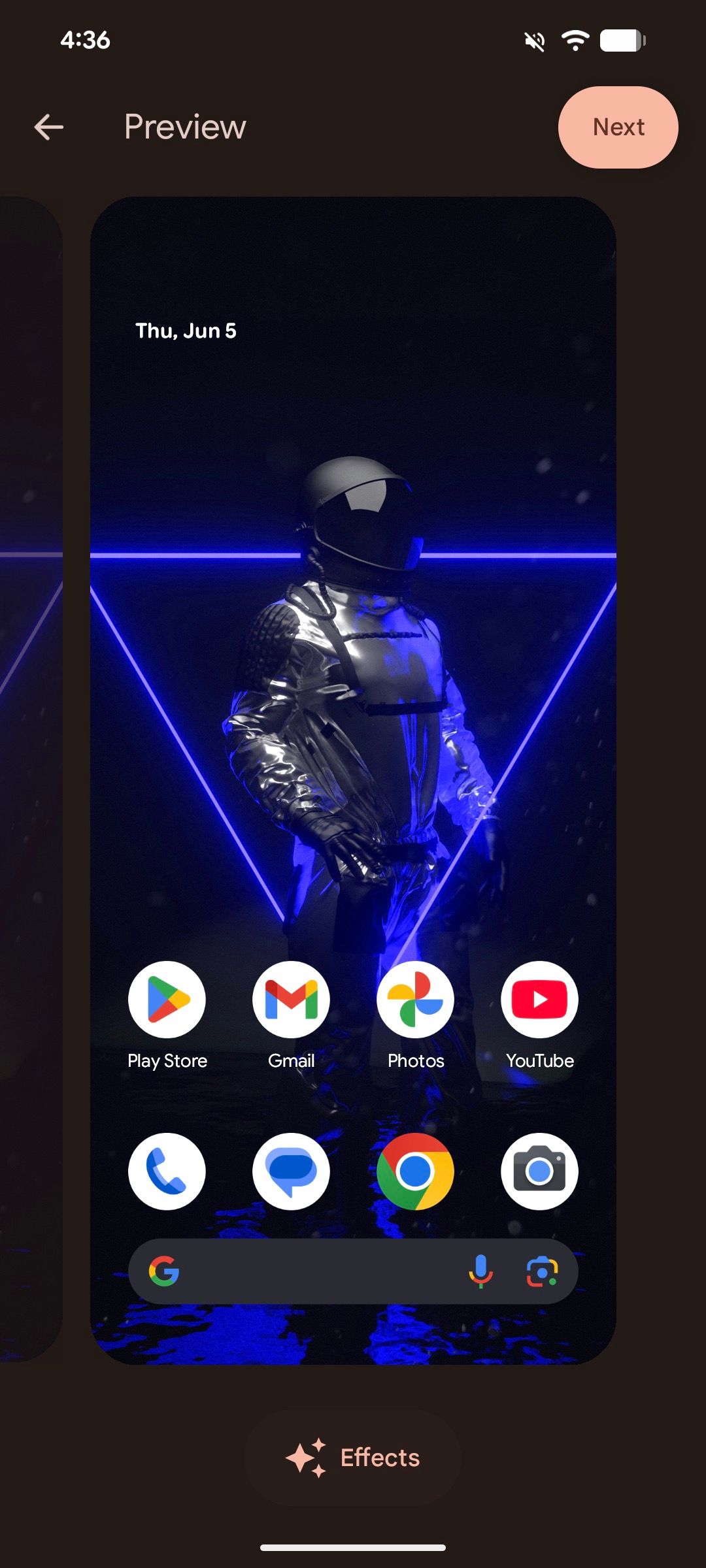 انتخاب گزینه Effects در صفحه نمایش تصویر زمینه در Android 16.