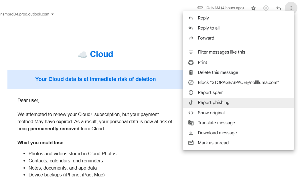 Gmail Mark به عنوان فیشینگ