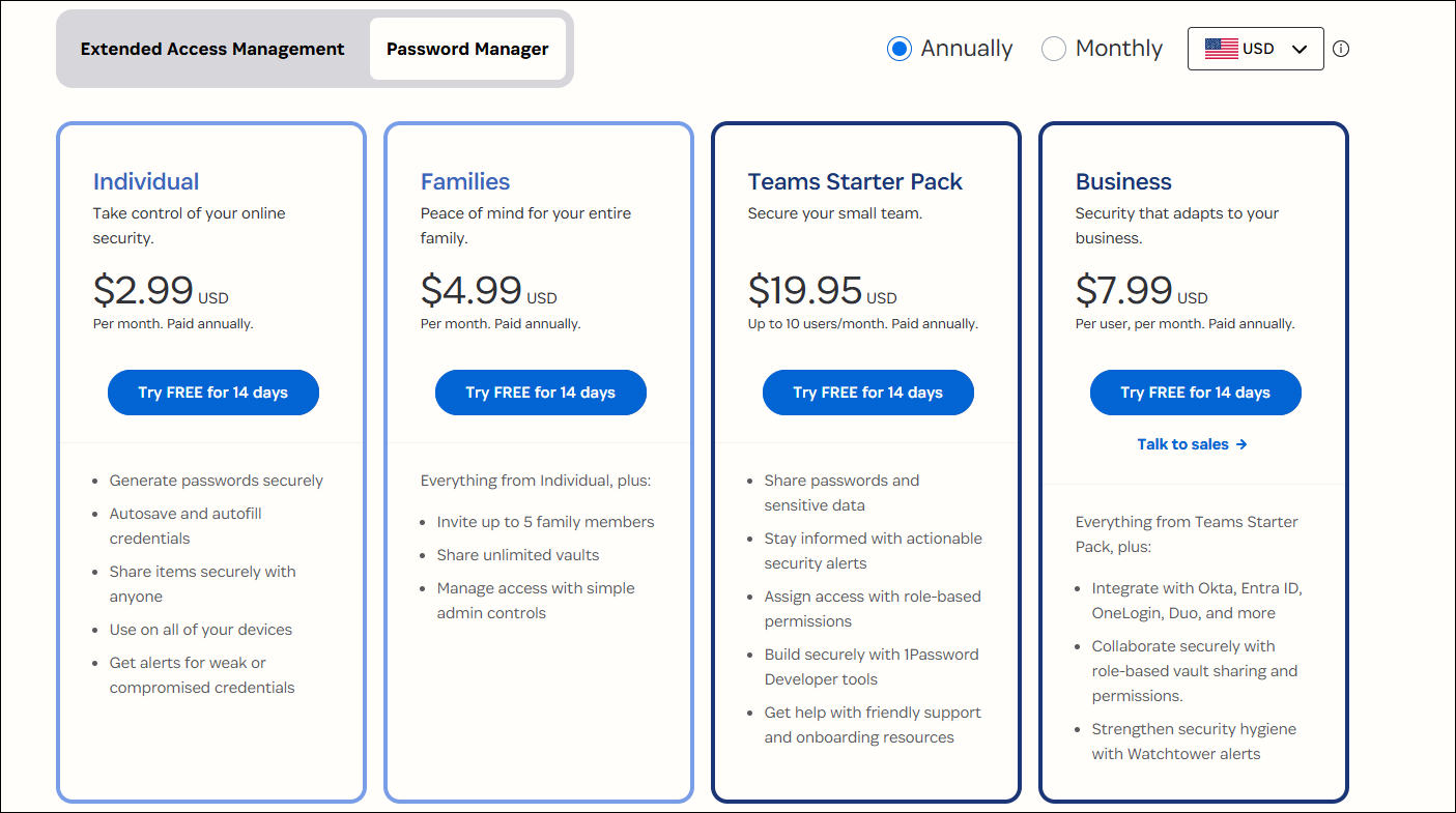 جزئیات قیمت گذاری 1Password