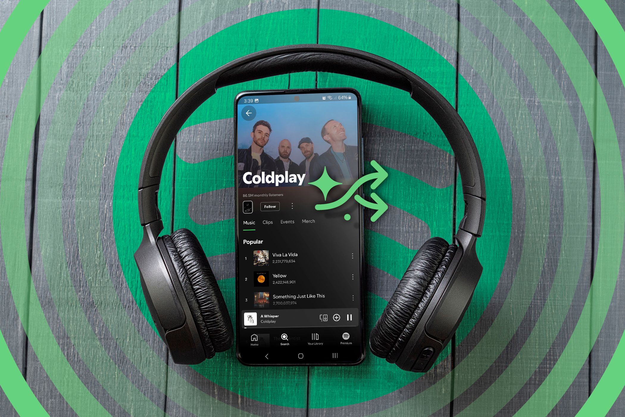 هدفون با تلفن در حال پخش موسیقی در Spotify.