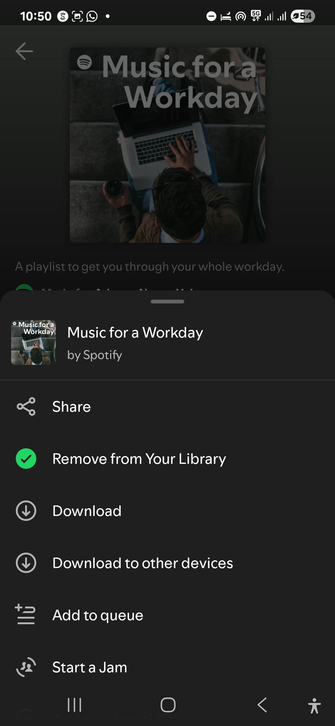 یک لیست پخش موسیقی در Spotify for Android با گزینه های بارگیری