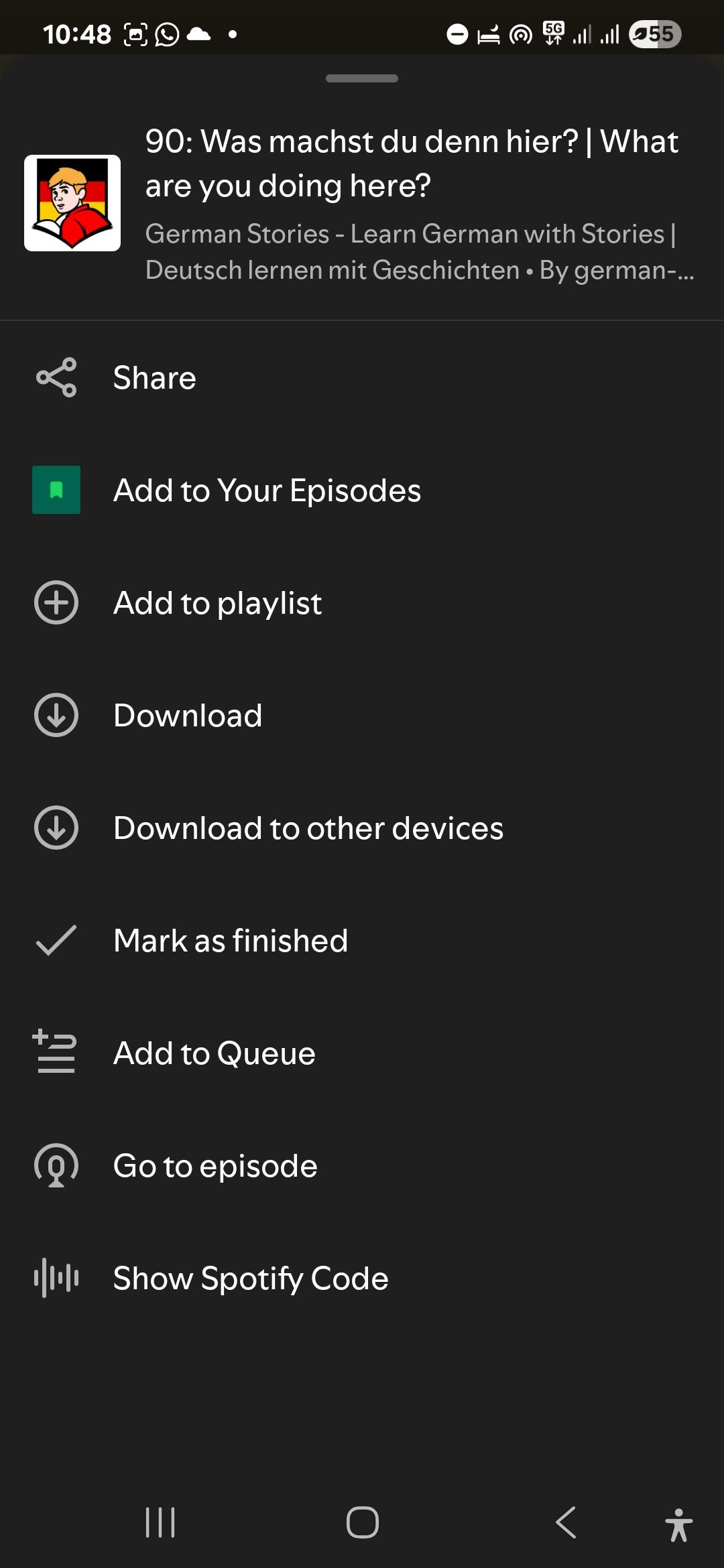 یک قسمت پادکست در Spotify for Android با گزینه های بارگیری