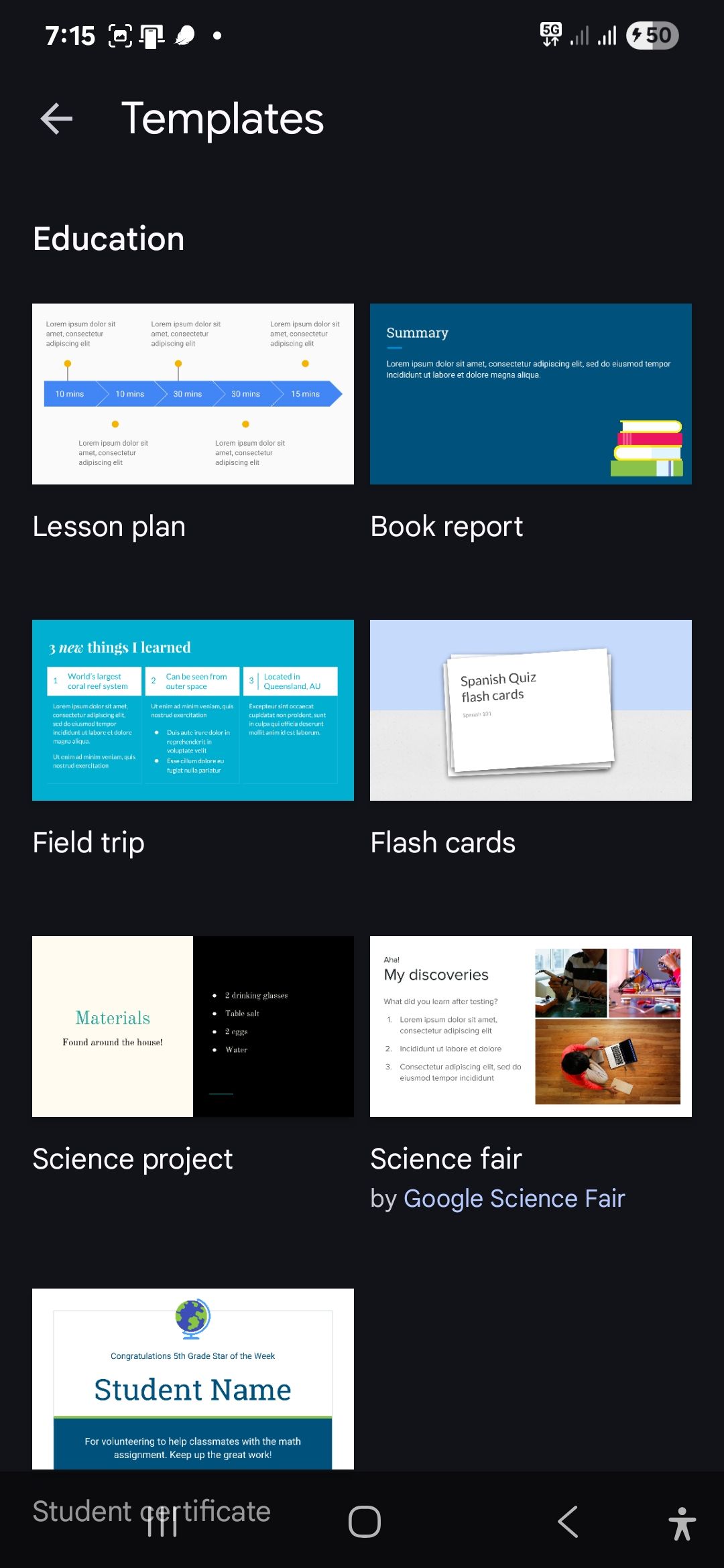 تصویری که نشان می دهد الگوهای حتی بیشتر در Google Slides بر روی دستگاه تلفن همراه است