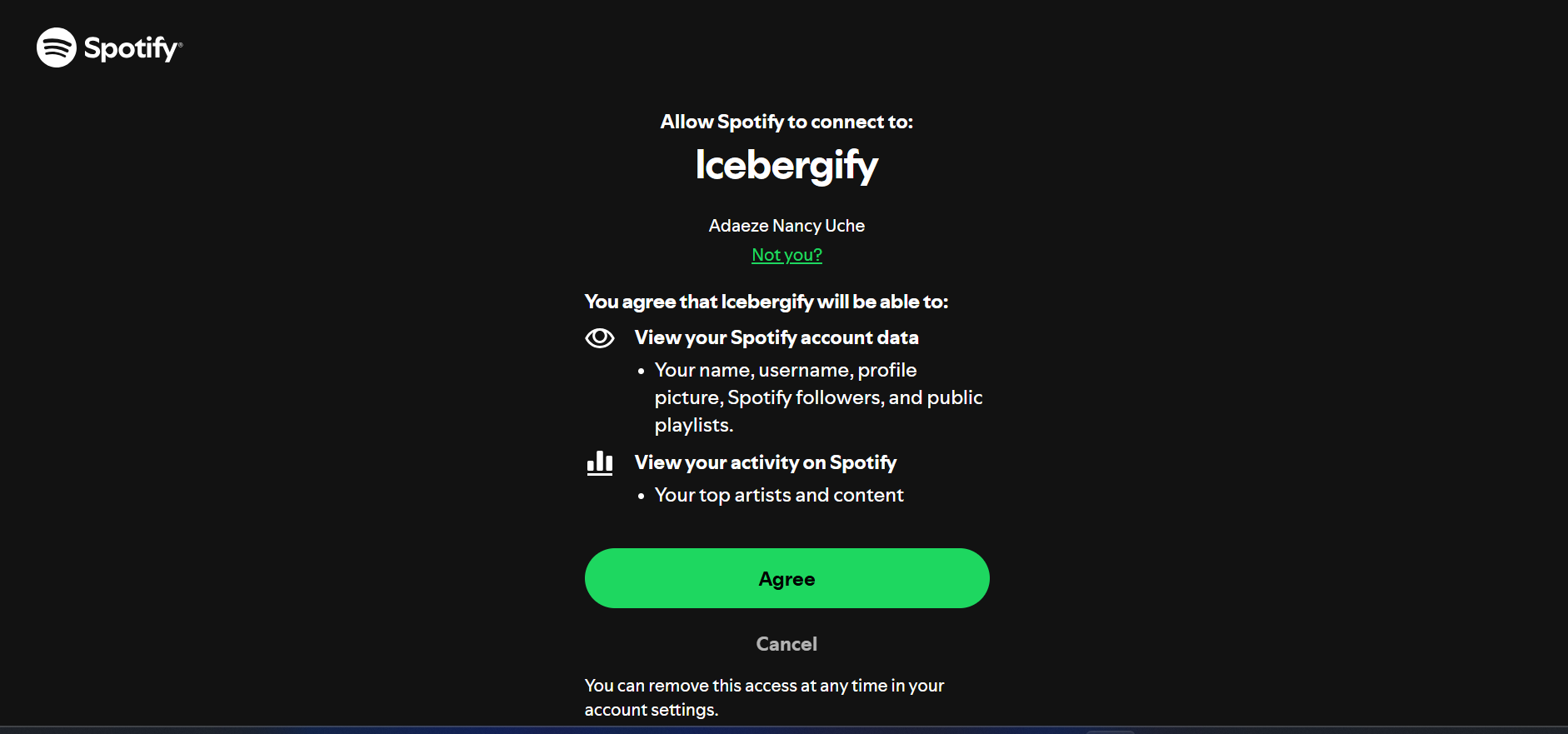 تصویری که نشان دهنده درخواست اتصال Spotify Icebergify 1 است