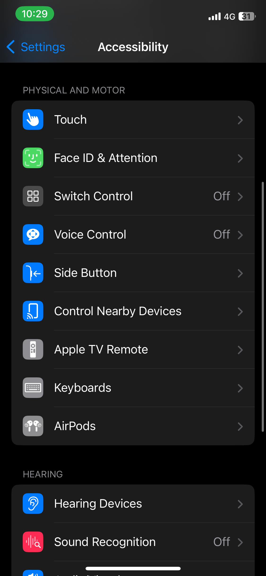 صفحه دسترسی در برنامه تنظیمات iOS