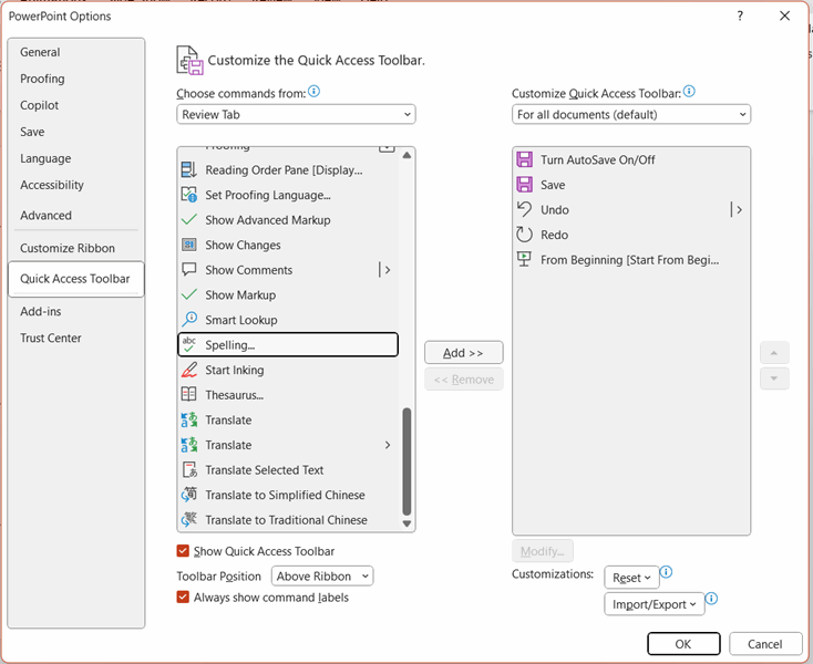 نوار ابزار دسترسی سریع در پاورپوینت.