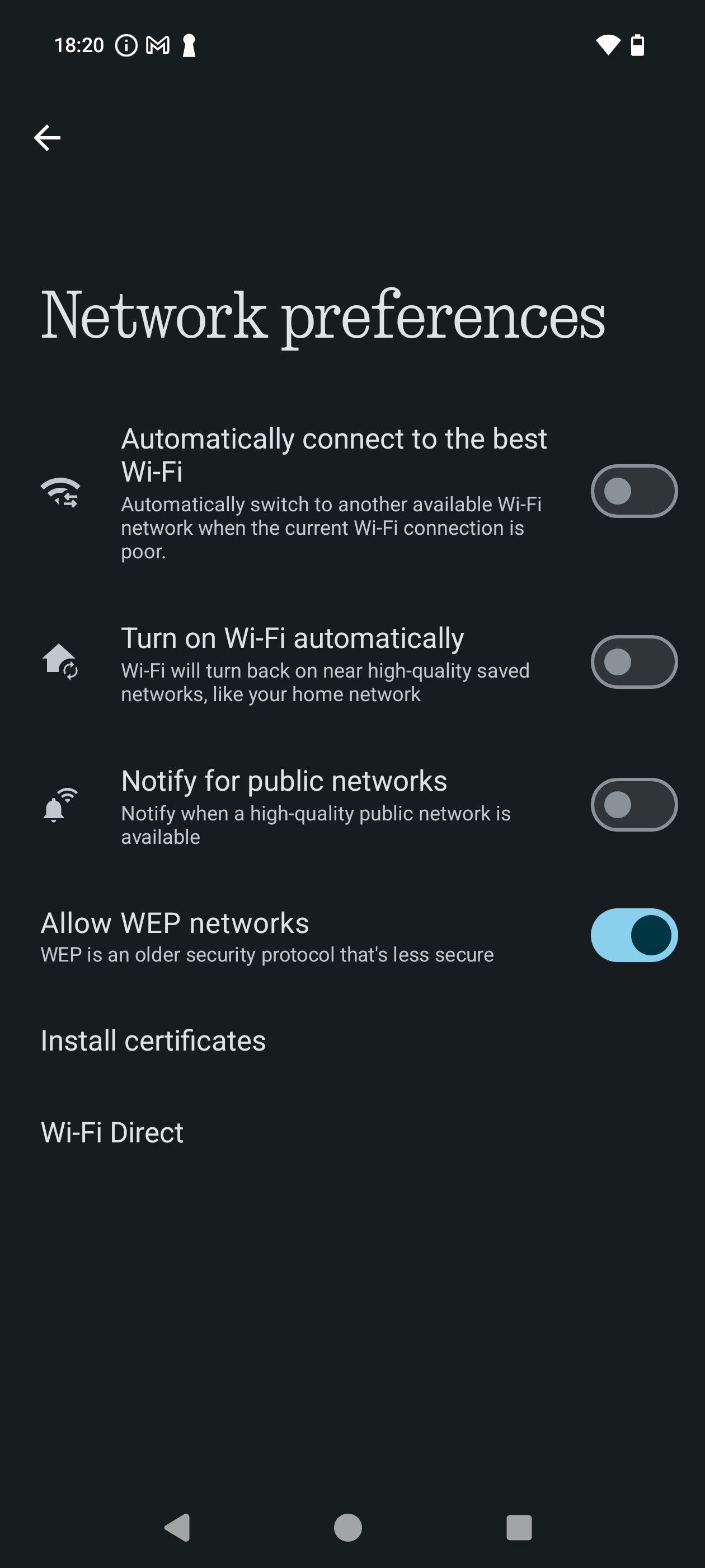 ترجیحات شبکه WiFi Android