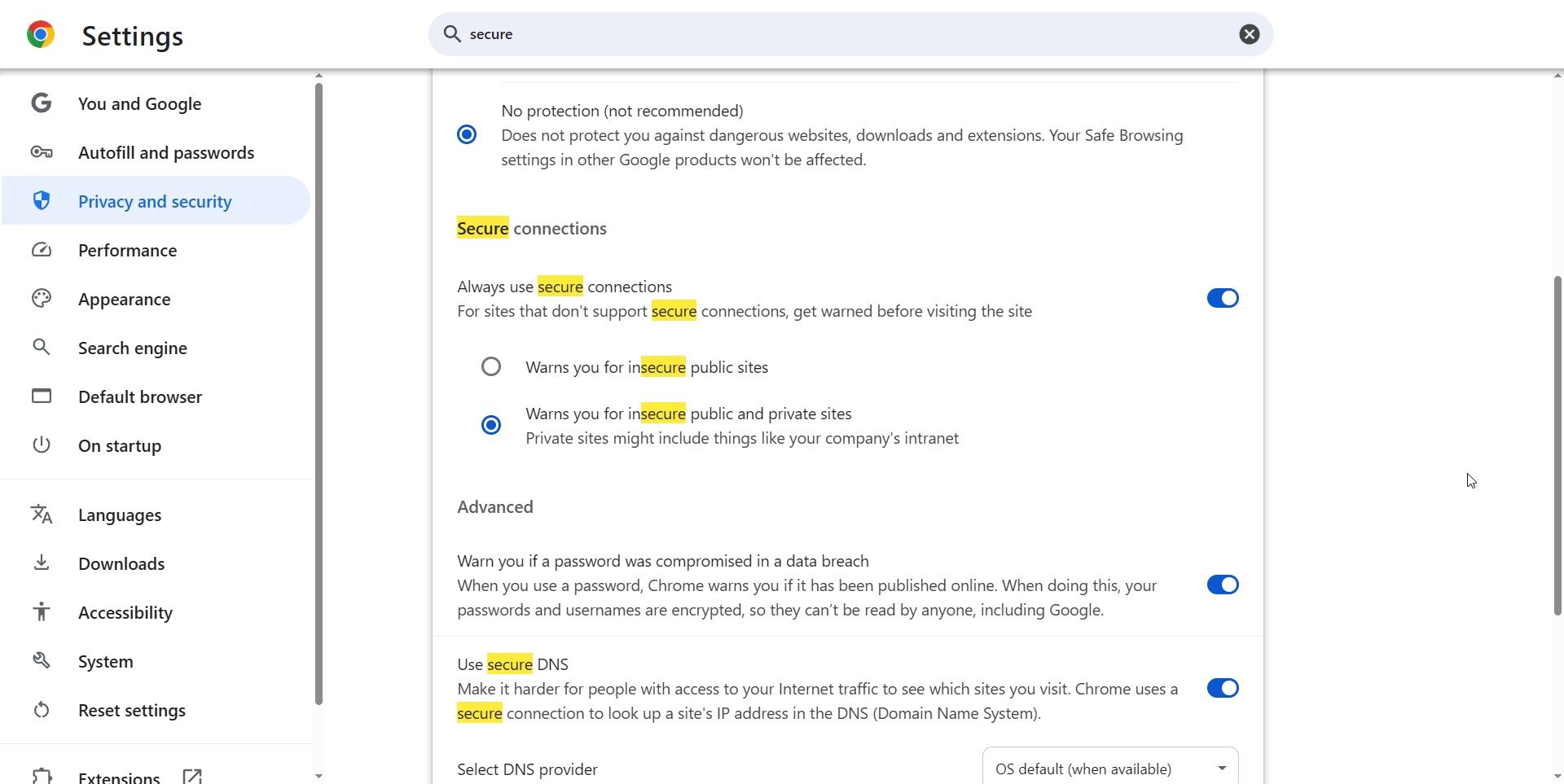Chrome همیشه از گزینه Secure Connections استفاده می کند