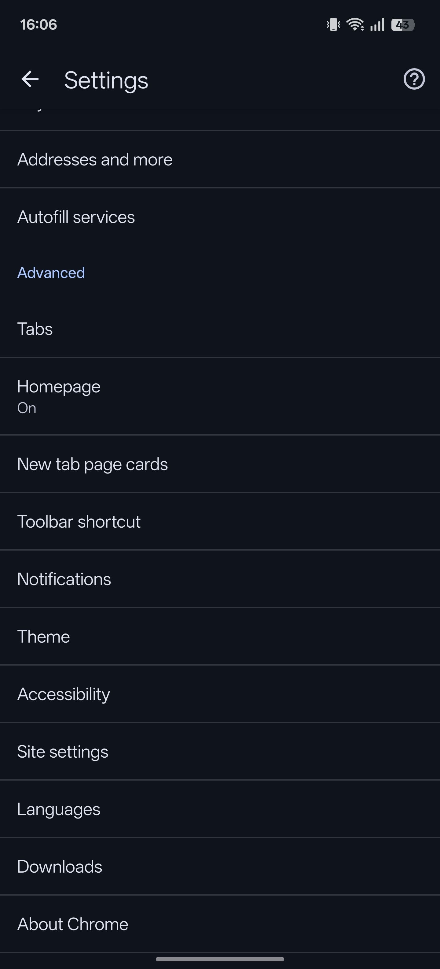 صفحه تنظیمات در Chrome برای Android.