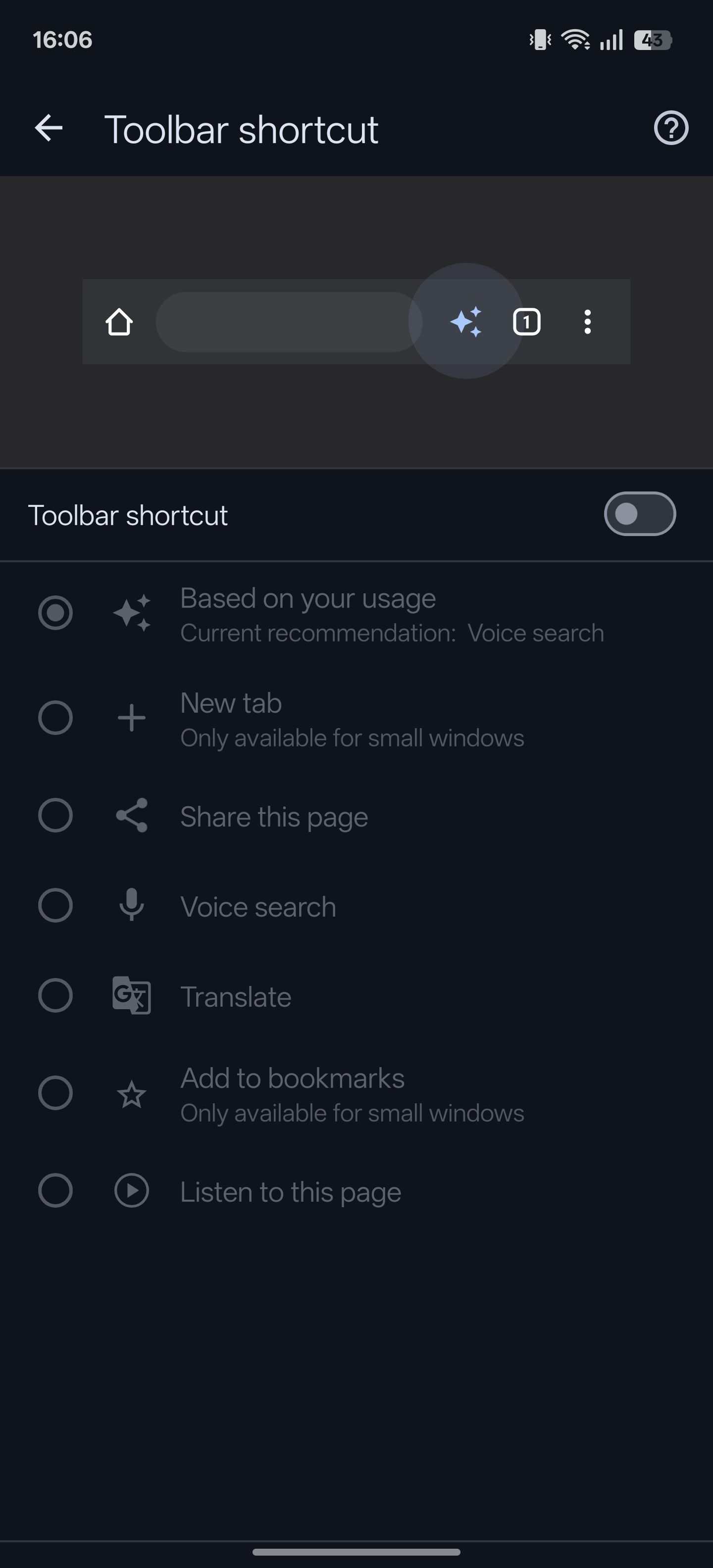 صفحه تنظیمات میانبر نوار ابزار در Chrome.