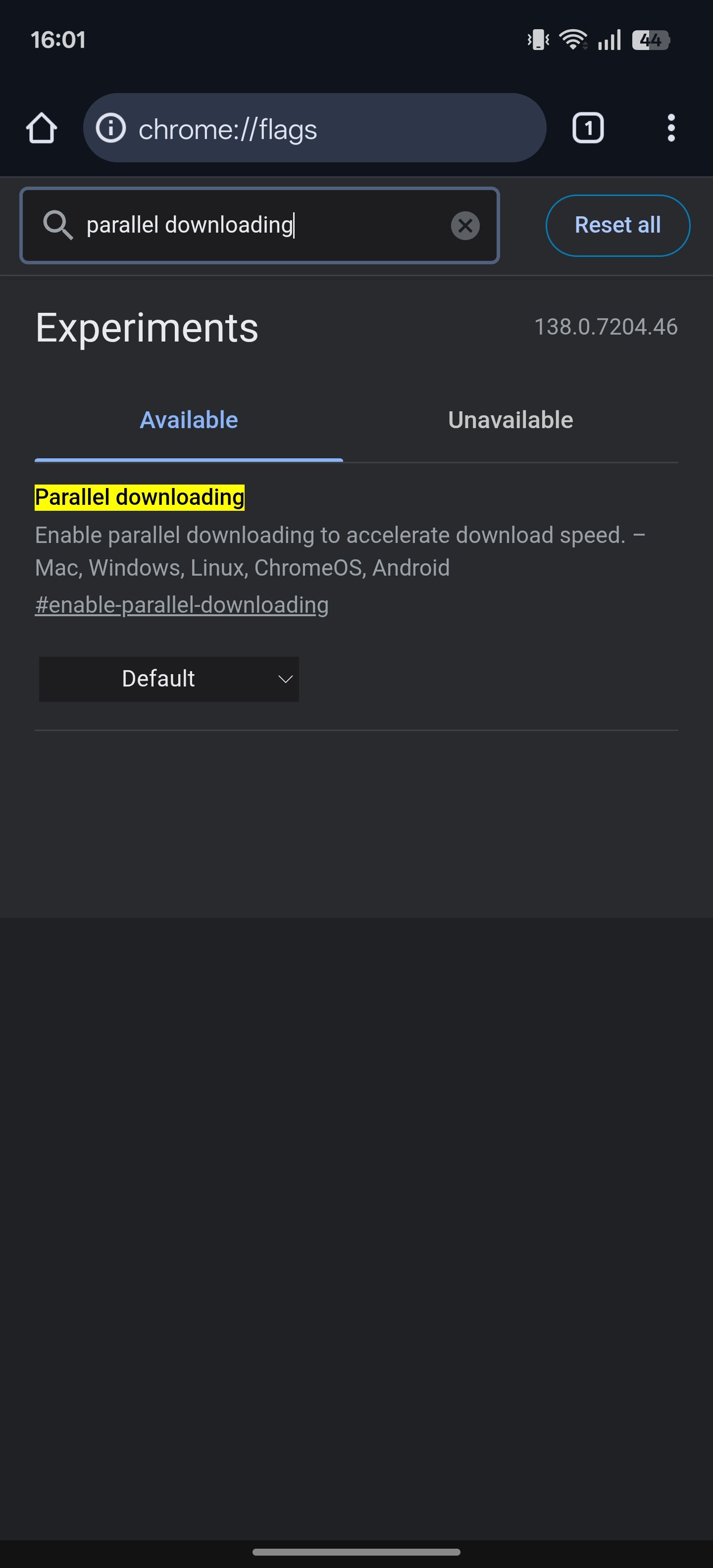 نتایج جستجو برای یک پرس و جو پرچم در صفحه وب Flags در Chrome.