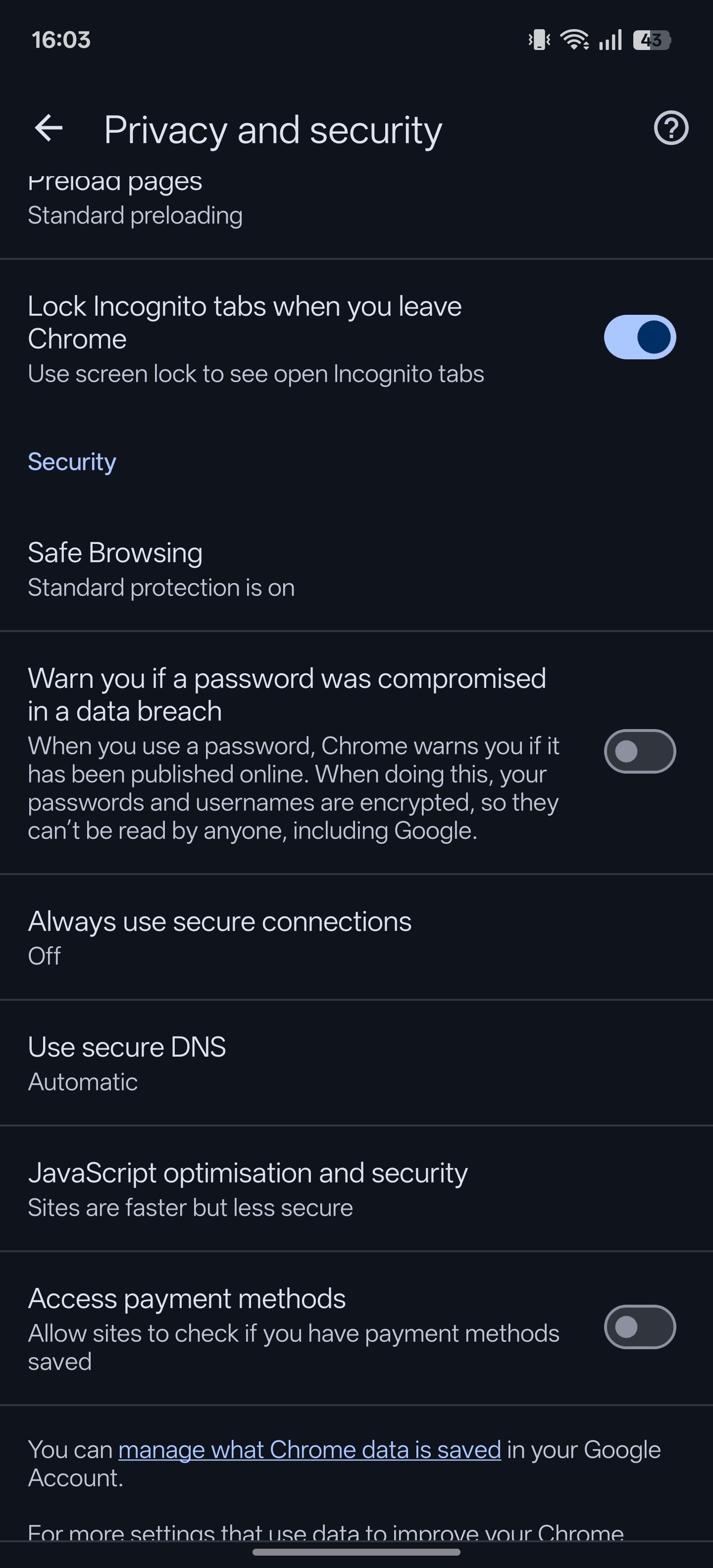 صفحه حریم خصوصی و امنیتی در Chrome برای Android.