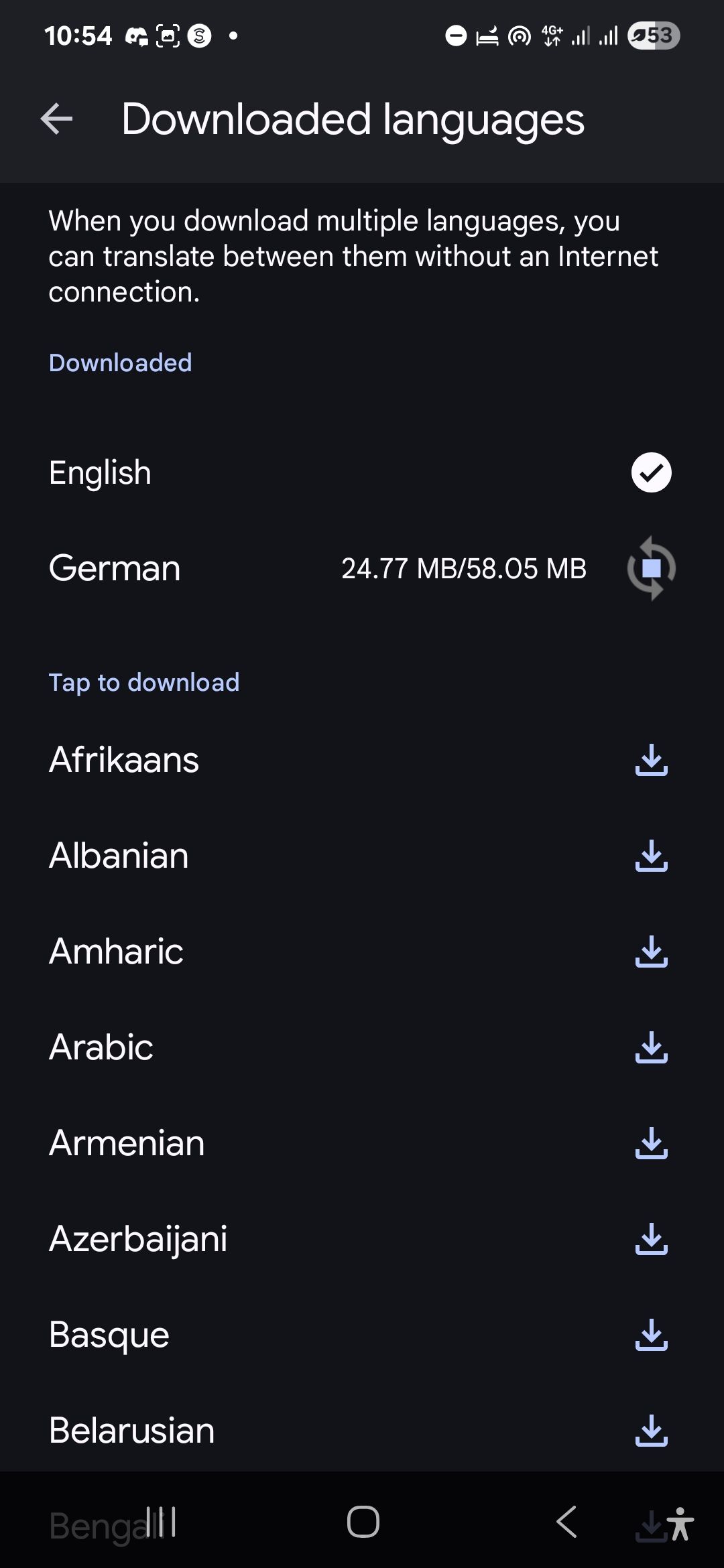 صفحه زبانهای بارگیری شده برای ترجمه Google