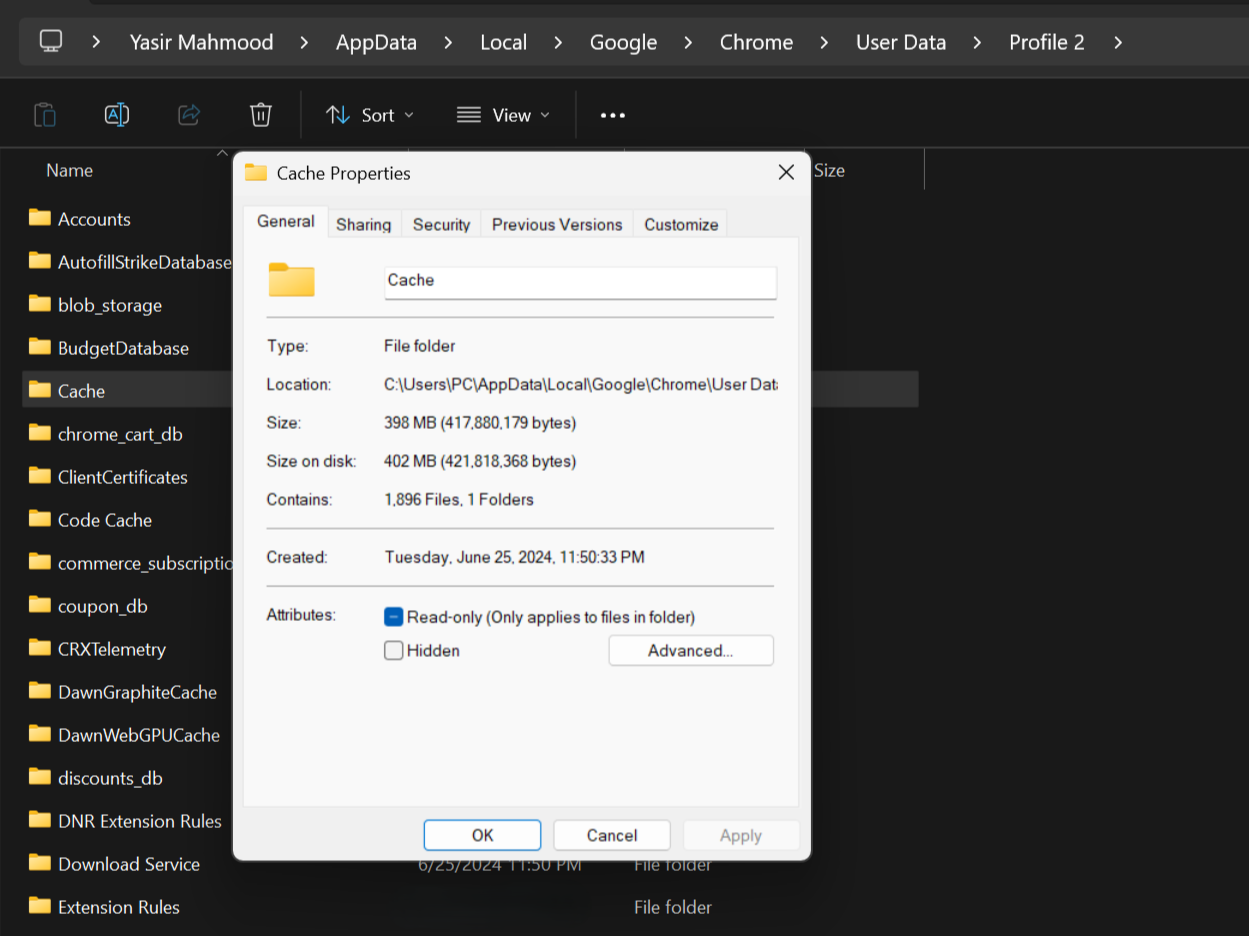 ویژگی های پوشه حافظه نهان Google Chrome در ویندوز.