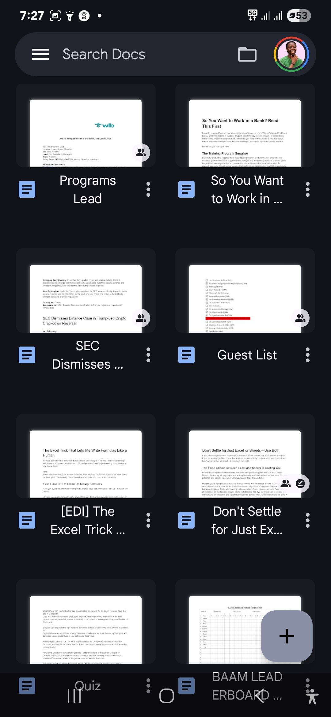 صفحه اصلی Docs Google در دستگاه Android