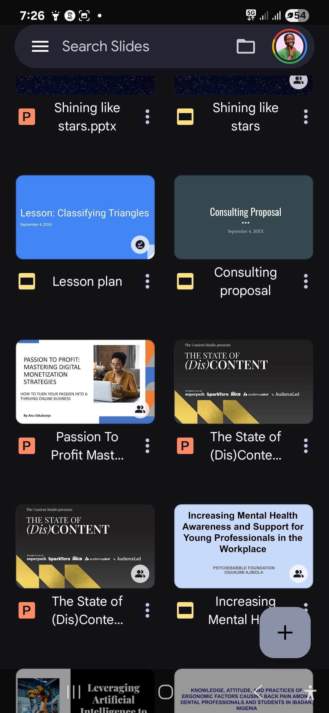 صفحه اصلی Google Slides در دستگاه Android
