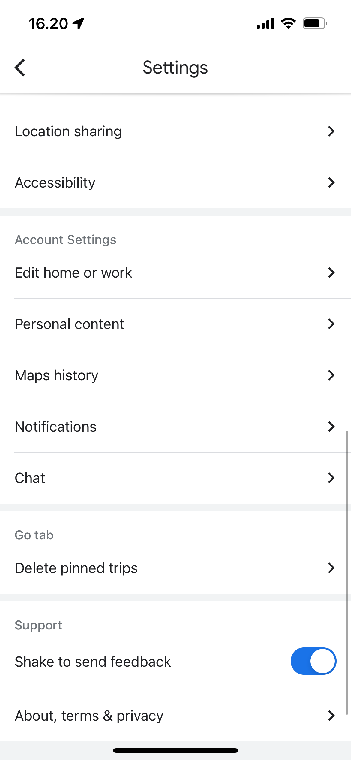 پنجره تنظیمات در Google Maps