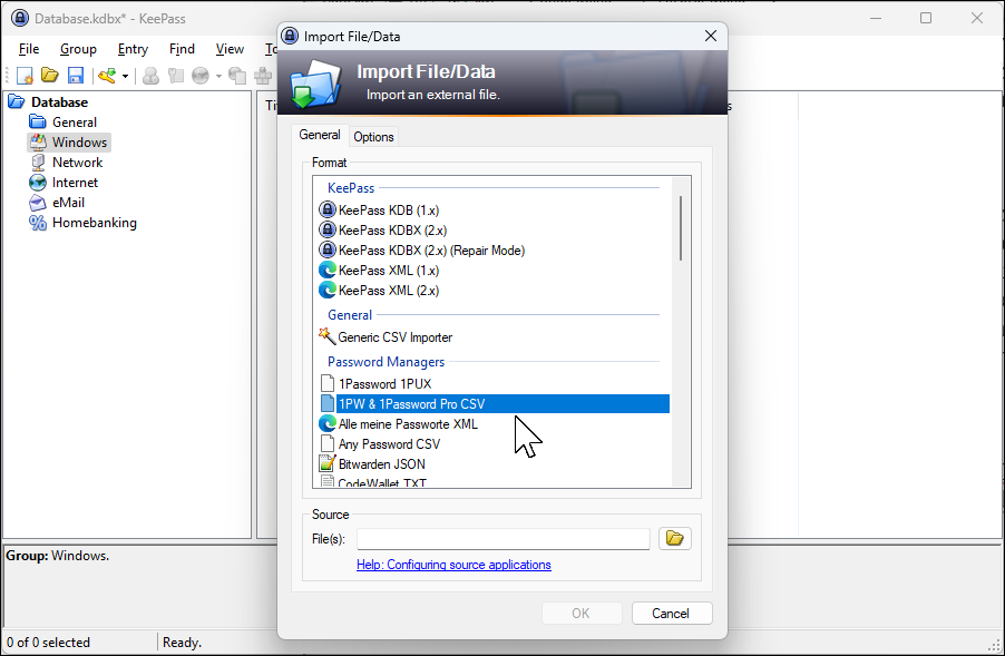 گفتگوی داده های پرونده واردات برای 1Password